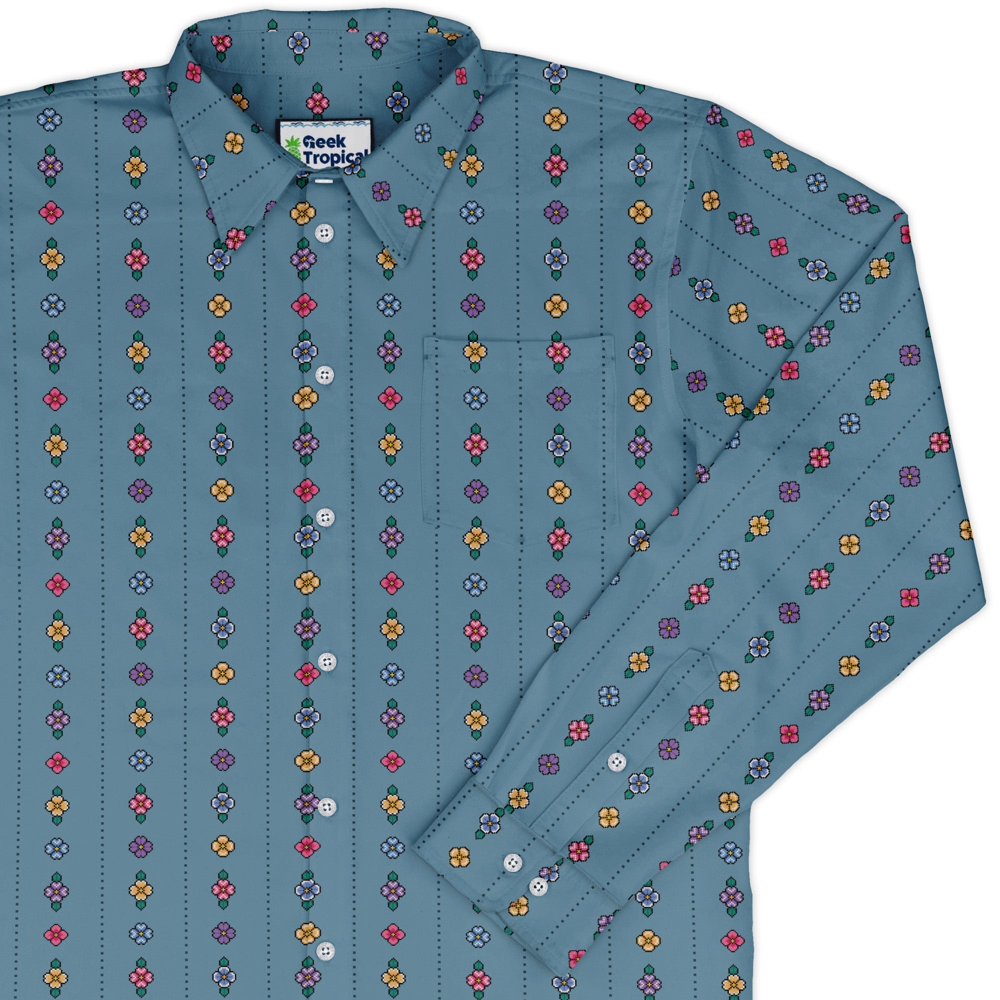 Arcade Pixel Flowers Long Sleeve Button Up Shirt Geek Nerd adult sizing Design by Dunking Toast FLOW DESC WRITING