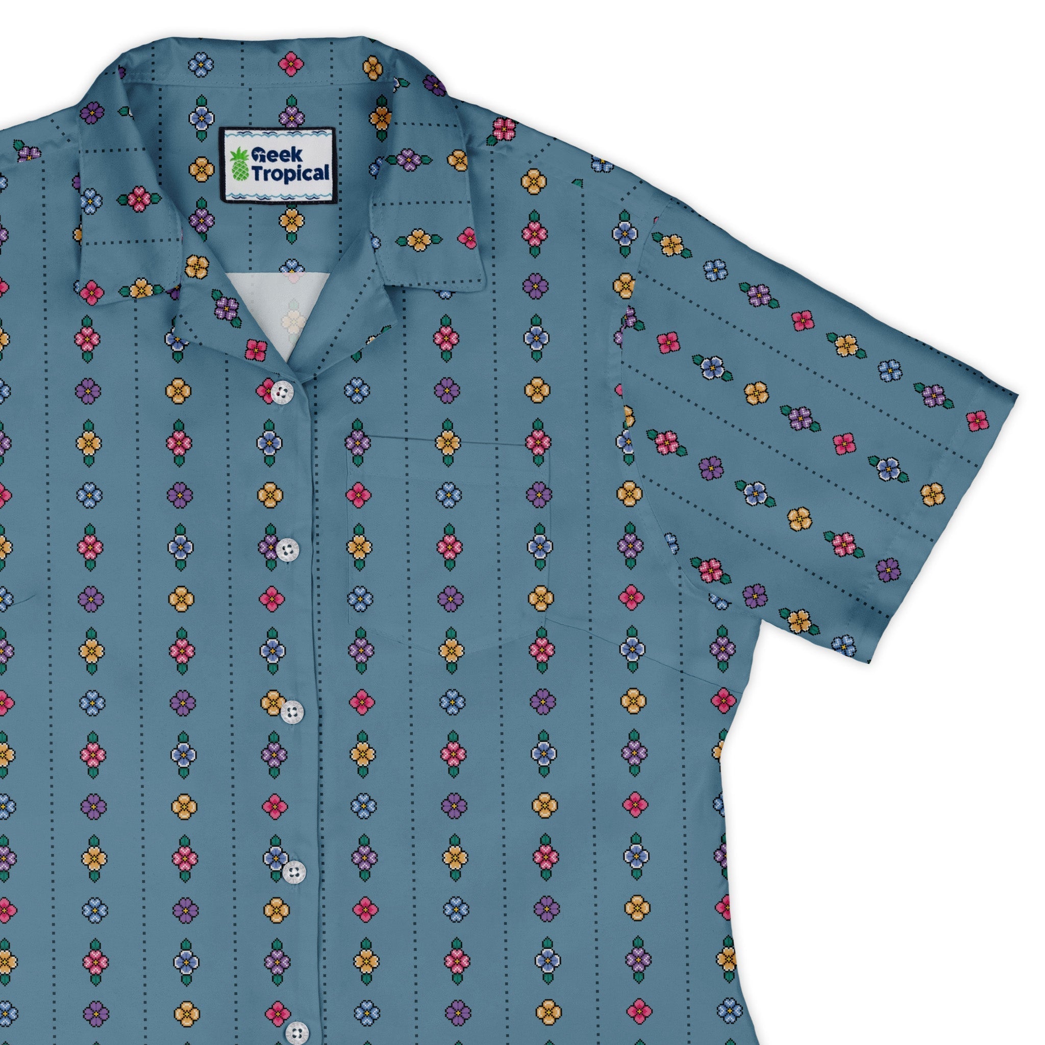 Arcade Pixel Flowers Curvy Button Up Shirt Geek Nerd Design by Dunking Toast Simple Patterns Tropical Hawaiian Patterns