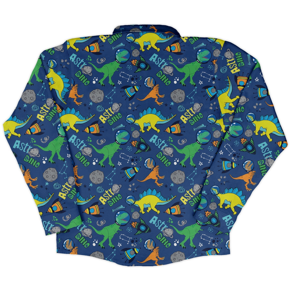Astro Dino Dinosaur Outer Space Blue Long Sleeve Button Up Shirt Geek Nerd adult sizing dinosaur print FLOW DESC WRITING