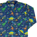 Astro Dino Dinosaur Outer Space Blue Long Sleeve Button Up Shirt Geek Nerd adult sizing dinosaur print FLOW DESC WRITING