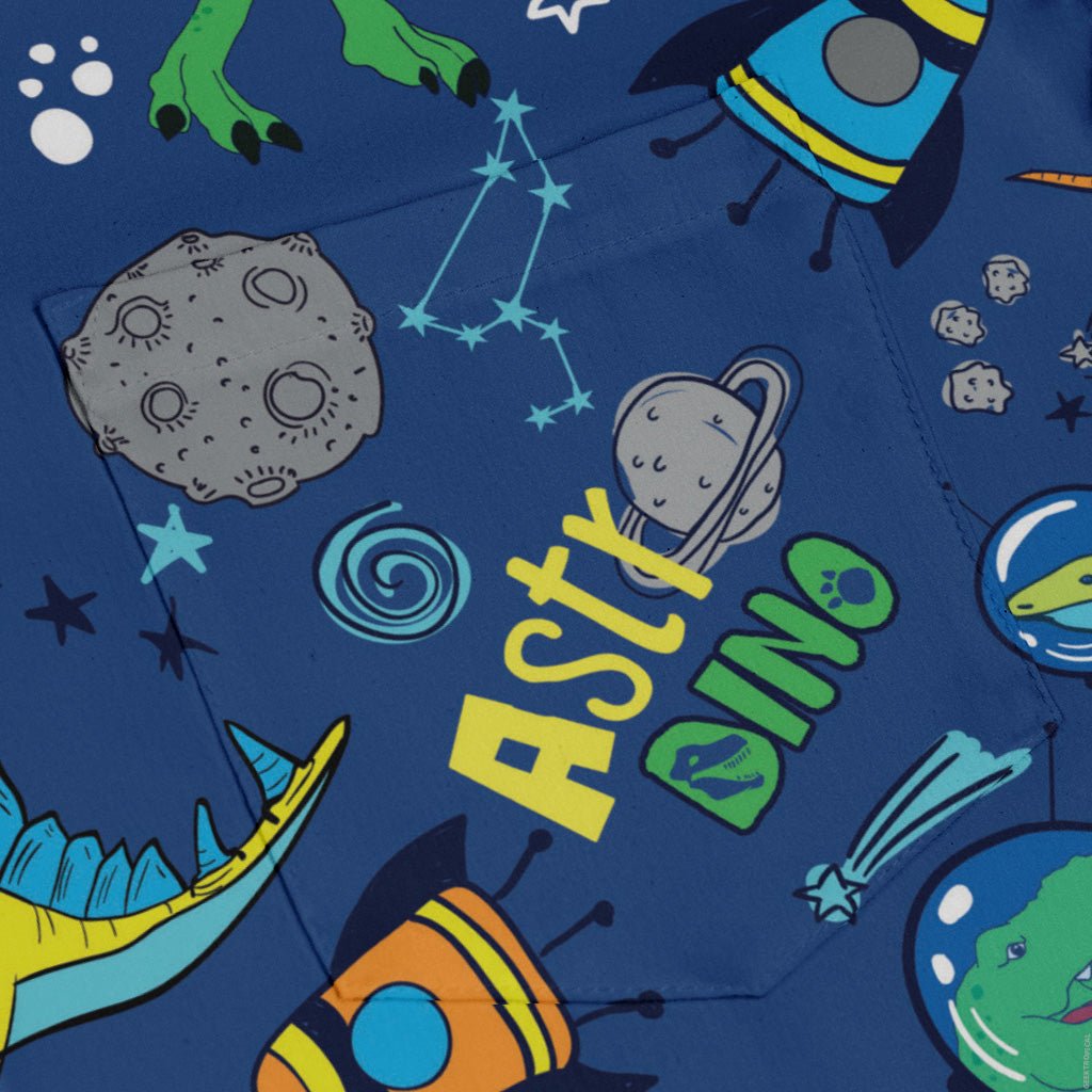 Astro Dino Dinosaur Outer Space Blue Long Sleeve Button Up Shirt Geek Nerd adult sizing dinosaur print FLOW DESC WRITING