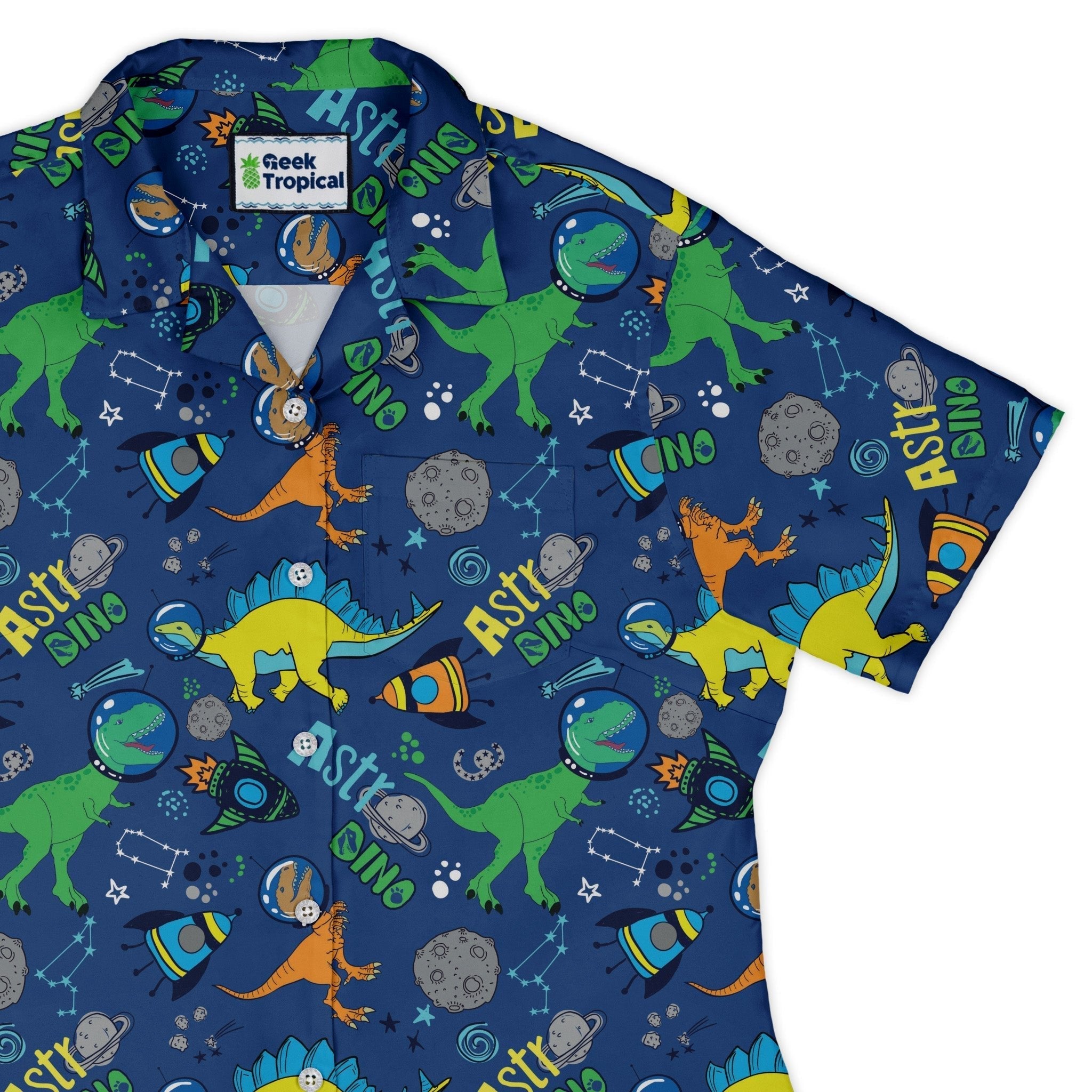 Astro Dino Dinosaur Outer Space Blue Curvy Button Up Shirt Geek Nerd dinosaur print Maximalist Patterns outer space & astronaut print