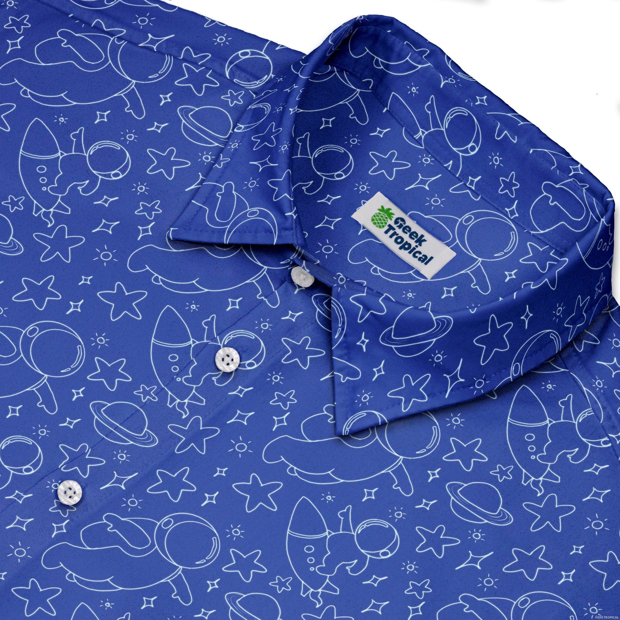 Astro Space Explorer Button Up Shirt Geek Nerd adult sizing Design by Julie Kitzes outer space & astronaut print
