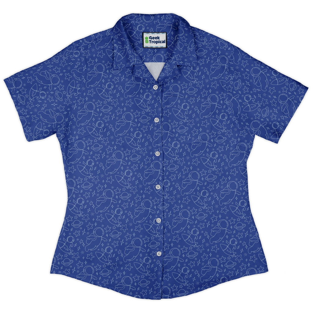 Astro Space Explorer Curvy Button Up Shirt Geek Nerd Design by Julie Kitzes outer space & astronaut print q225