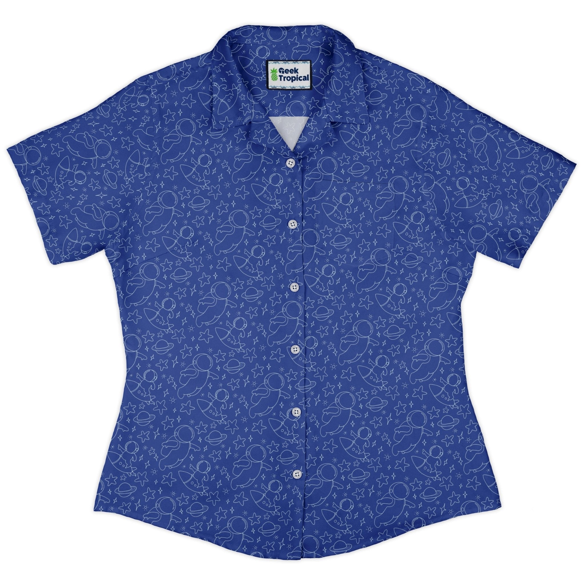 Astro Space Explorer Curvy Button Up Shirt Geek Nerd Design by Julie Kitzes outer space & astronaut print q225