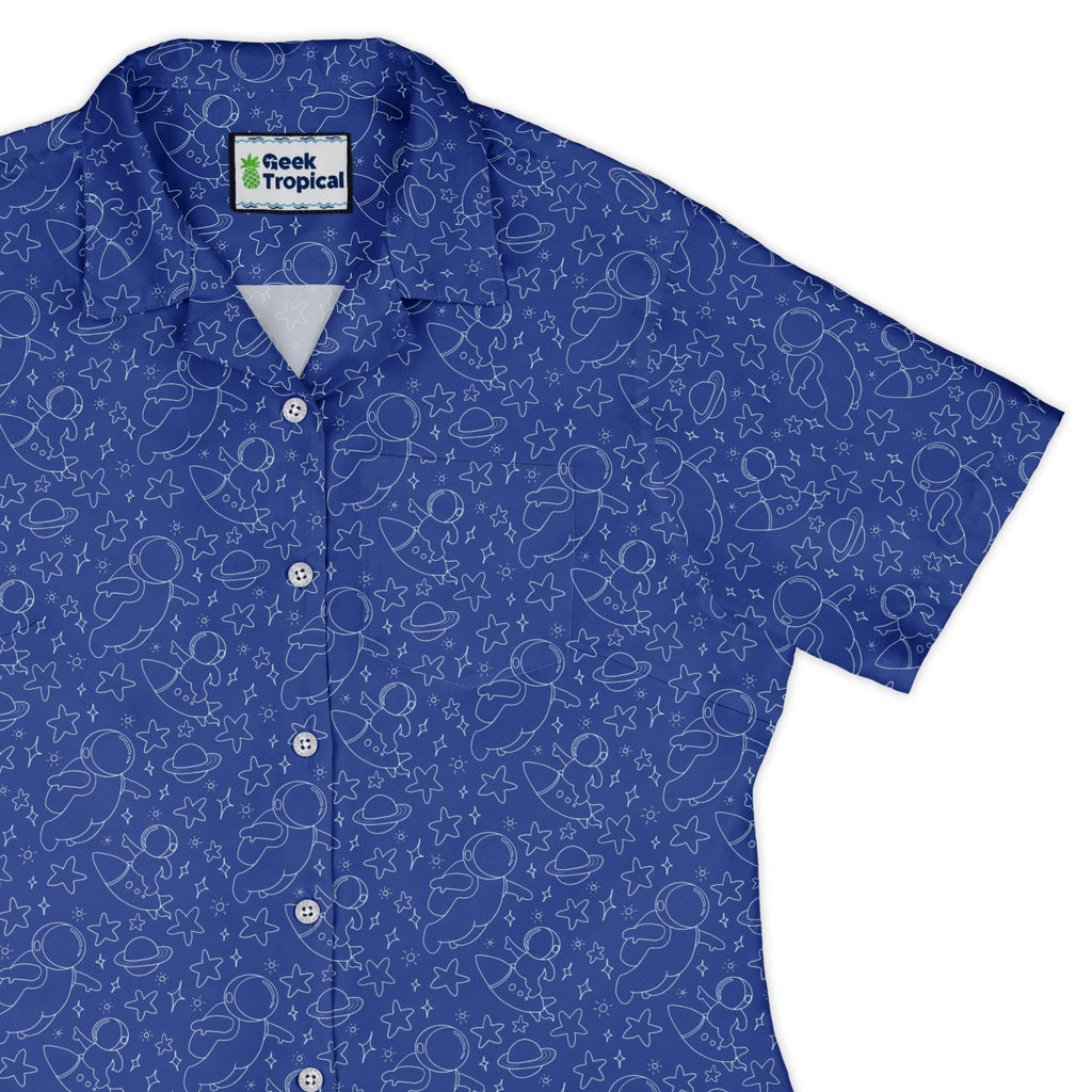 Astro Space Explorer Curvy Button Up Shirt Geek Nerd Design by Julie Kitzes outer space & astronaut print q225