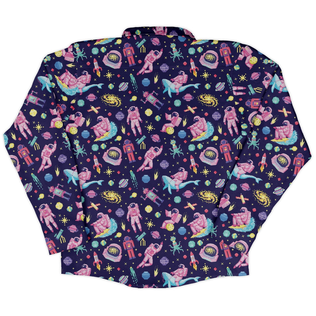 Astronaut Pixels Outer Space Purple Blue Long Sleeve Button Up Shirt Geek Nerd adult sizing Animal Patterns FLOW DESC WRITING