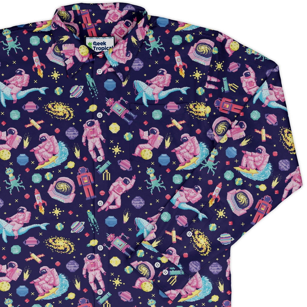 Astronaut Pixels Outer Space Purple Blue Long Sleeve Button Up Shirt Geek Nerd adult sizing Animal Patterns FLOW DESC WRITING