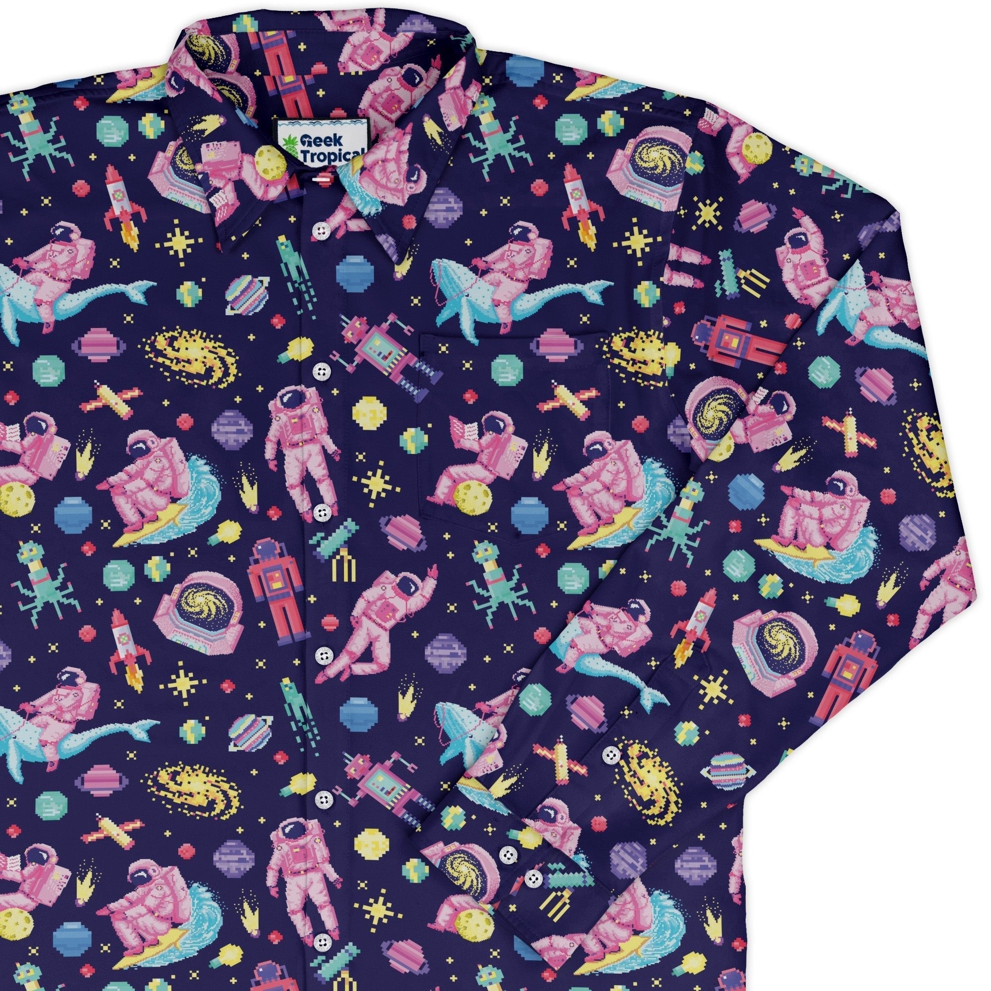 Astronaut Pixels Outer Space Purple Blue Long Sleeve Button Up Shirt Geek Nerd adult sizing Animal Patterns FLOW DESC WRITING