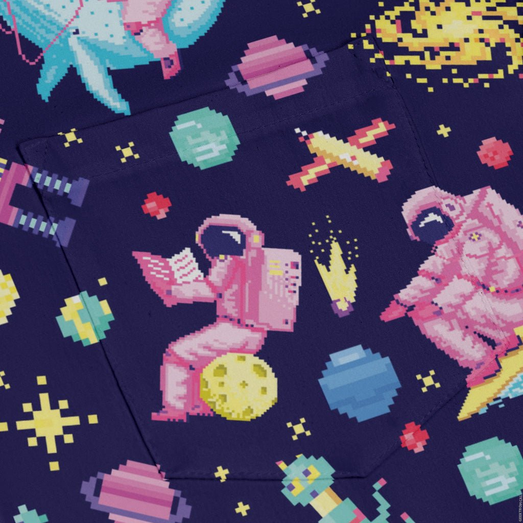Astronaut Pixels Outer Space Purple Blue Long Sleeve Button Up Shirt Geek Nerd adult sizing Animal Patterns FLOW DESC WRITING