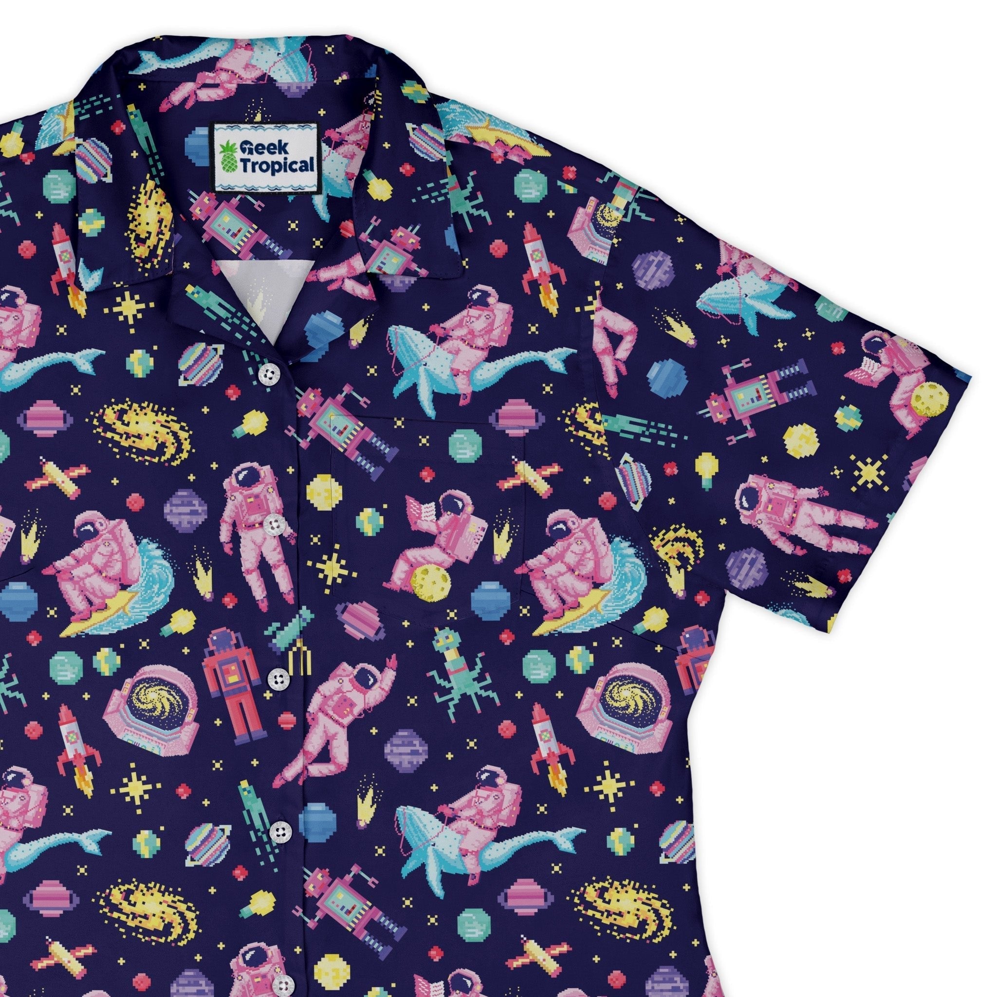 Astronaut Pixels Outer Space Purple Blue Curvy Button Up Shirt Geek Nerd Animal Patterns Maximalist Patterns outer space & astronaut print