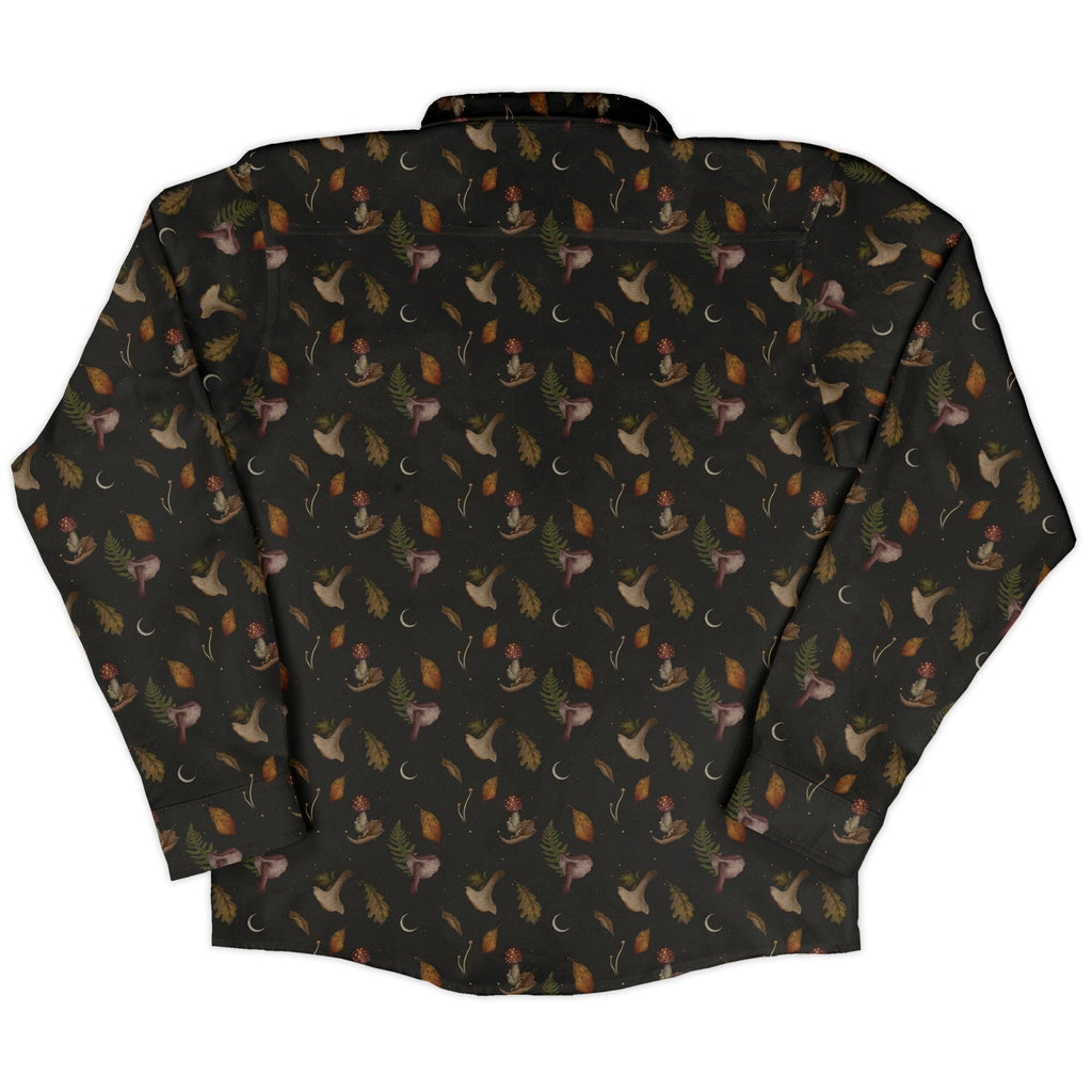 Episodic Autumn Mushrooms Space Long Sleeve Button Up Shirt Geek Nerd adult sizing Botany Print Design by Episodic