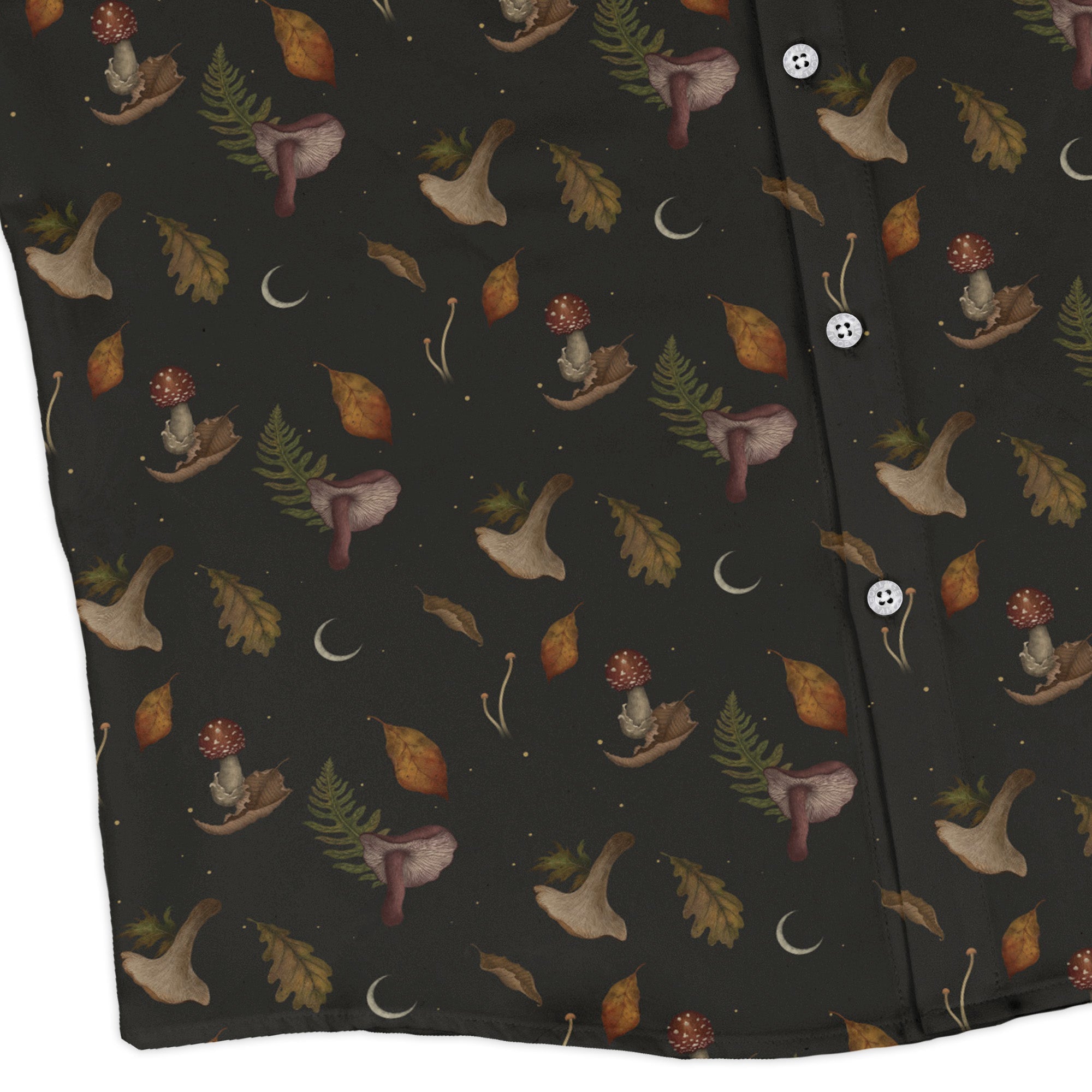 Episodic Autumn Mushrooms Space Long Sleeve Button Up Shirt Geek Nerd adult sizing Botany Print Design by Episodic