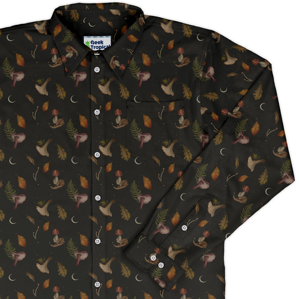 Episodic Autumn Mushrooms Space Long Sleeve Button Up Shirt Geek Nerd adult sizing Botany Print Design by Episodic