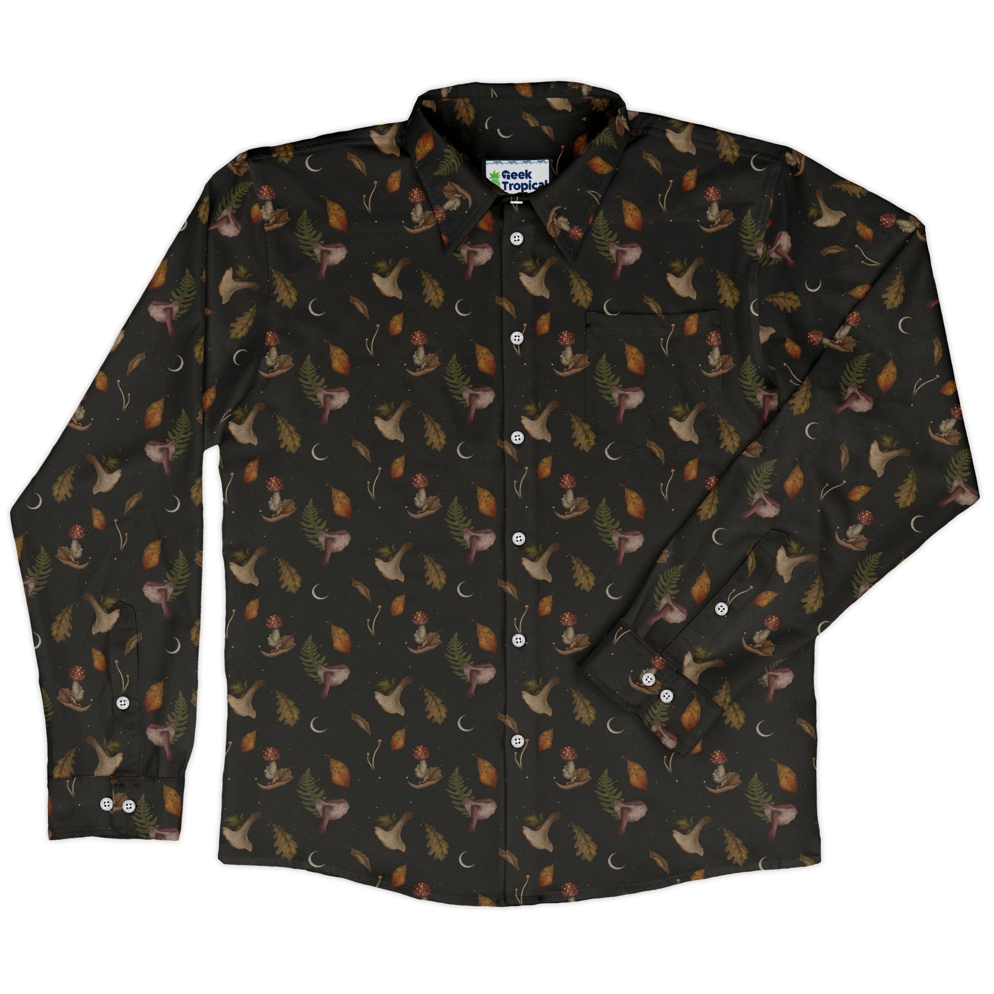 Episodic Autumn Mushrooms Space Long Sleeve Button Up Shirt Geek Nerd adult sizing Botany Print Design by Episodic