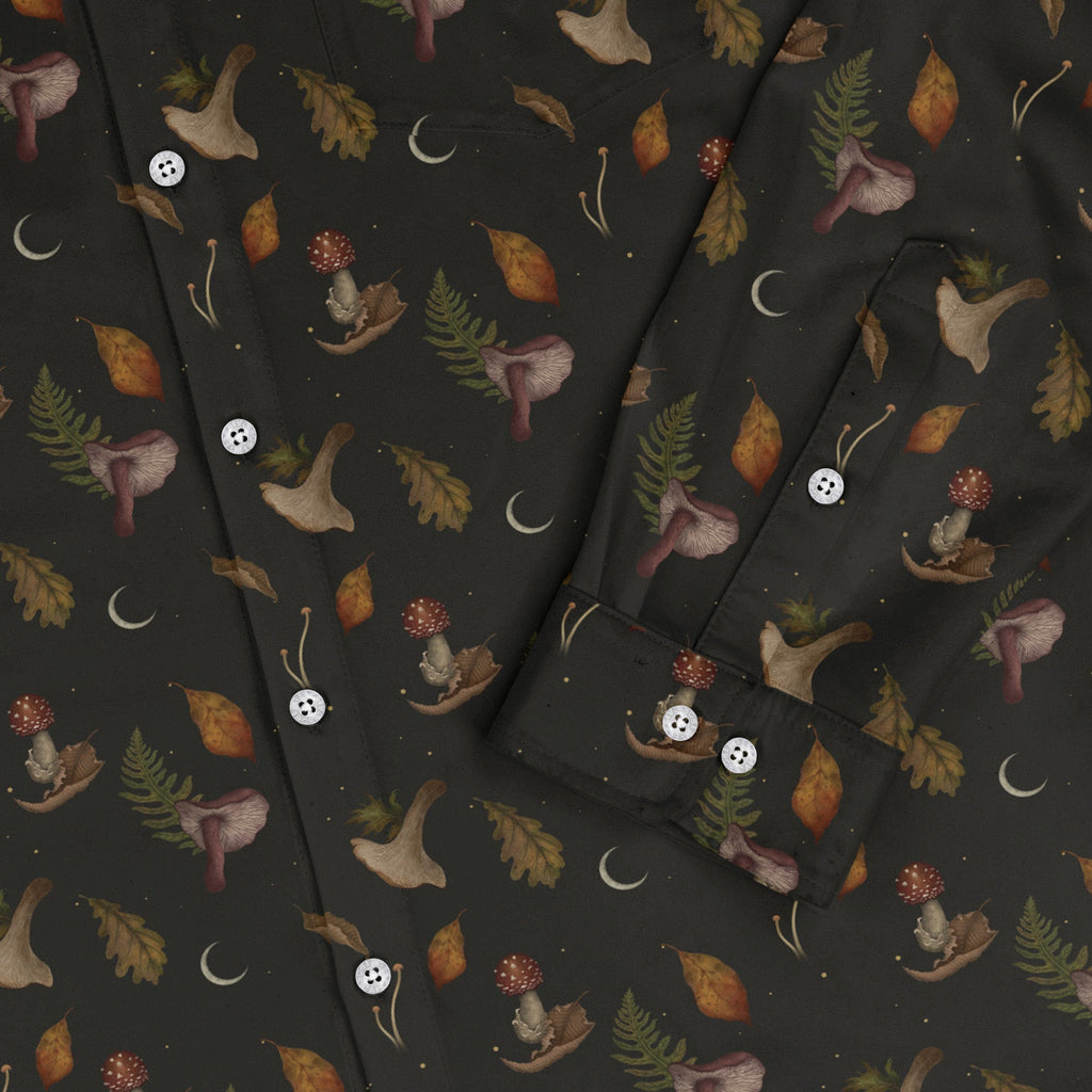 Episodic Autumn Mushrooms Space Long Sleeve Button Up Shirt Geek Nerd adult sizing Botany Print Design by Episodic