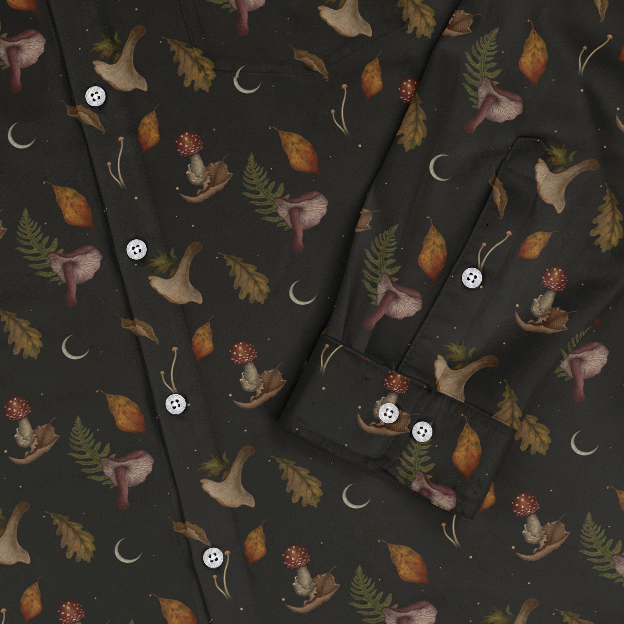Episodic Autumn Mushrooms Space Long Sleeve Button Up Shirt Geek Nerd adult sizing Botany Print Design by Episodic