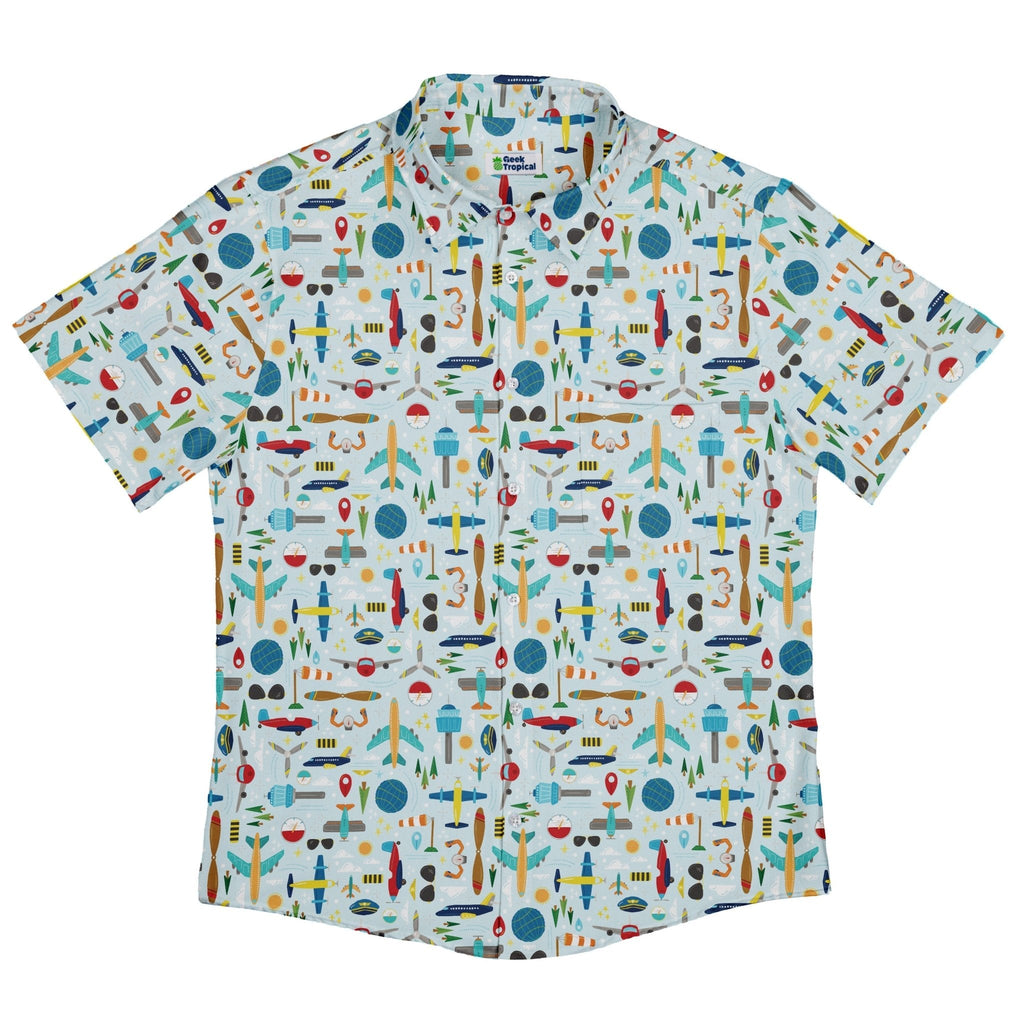 Aviation Adventure Button Up Shirt Geek Nerd adult sizing aviation print Design by Zirkus Design