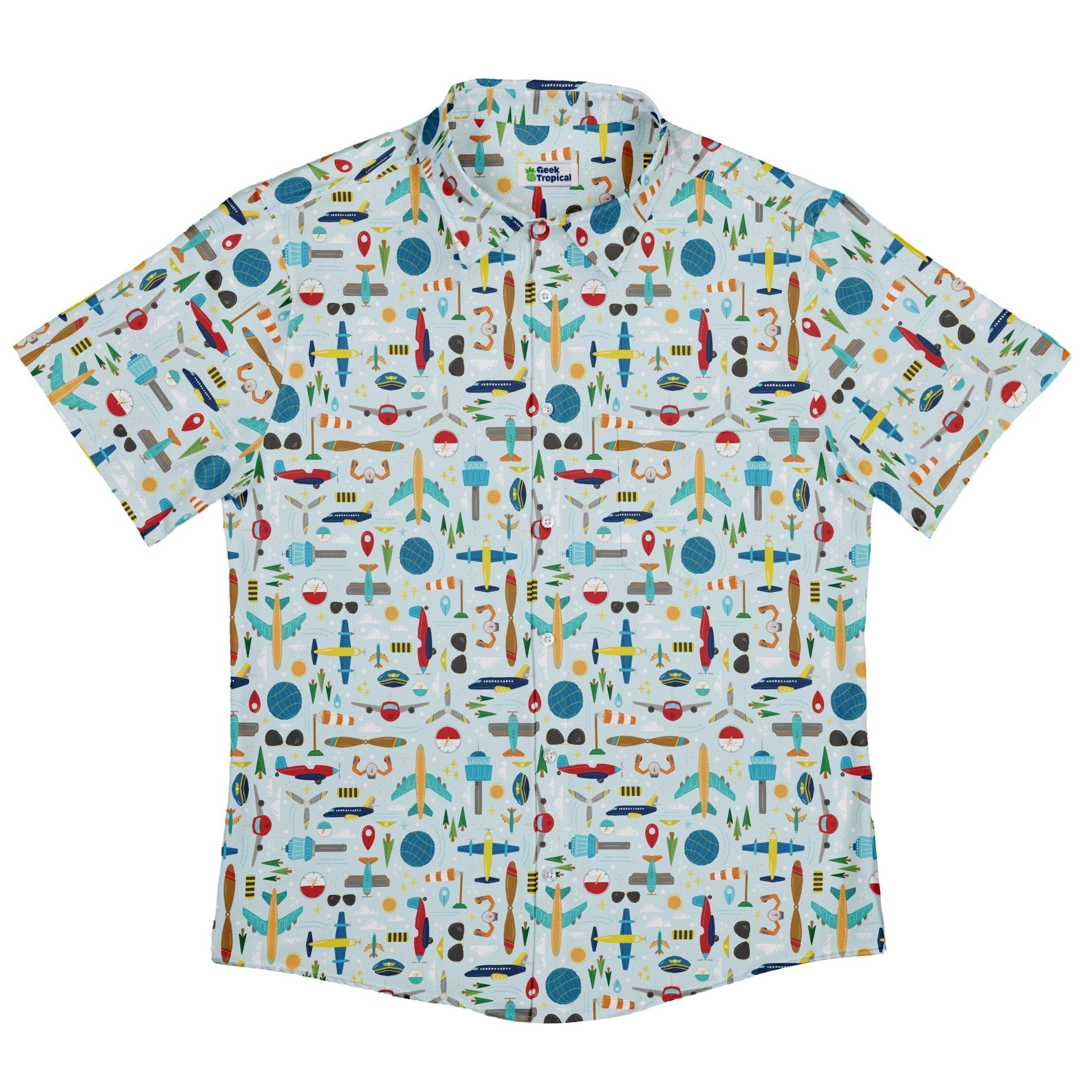 Aviation Adventure Button Up Shirt Geek Nerd adult sizing aviation print Design by Zirkus Design