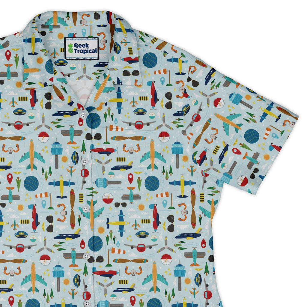 Aviation Adventure Curvy Button Up Shirt Geek Nerd aviation print Design by Zirkus Design q225