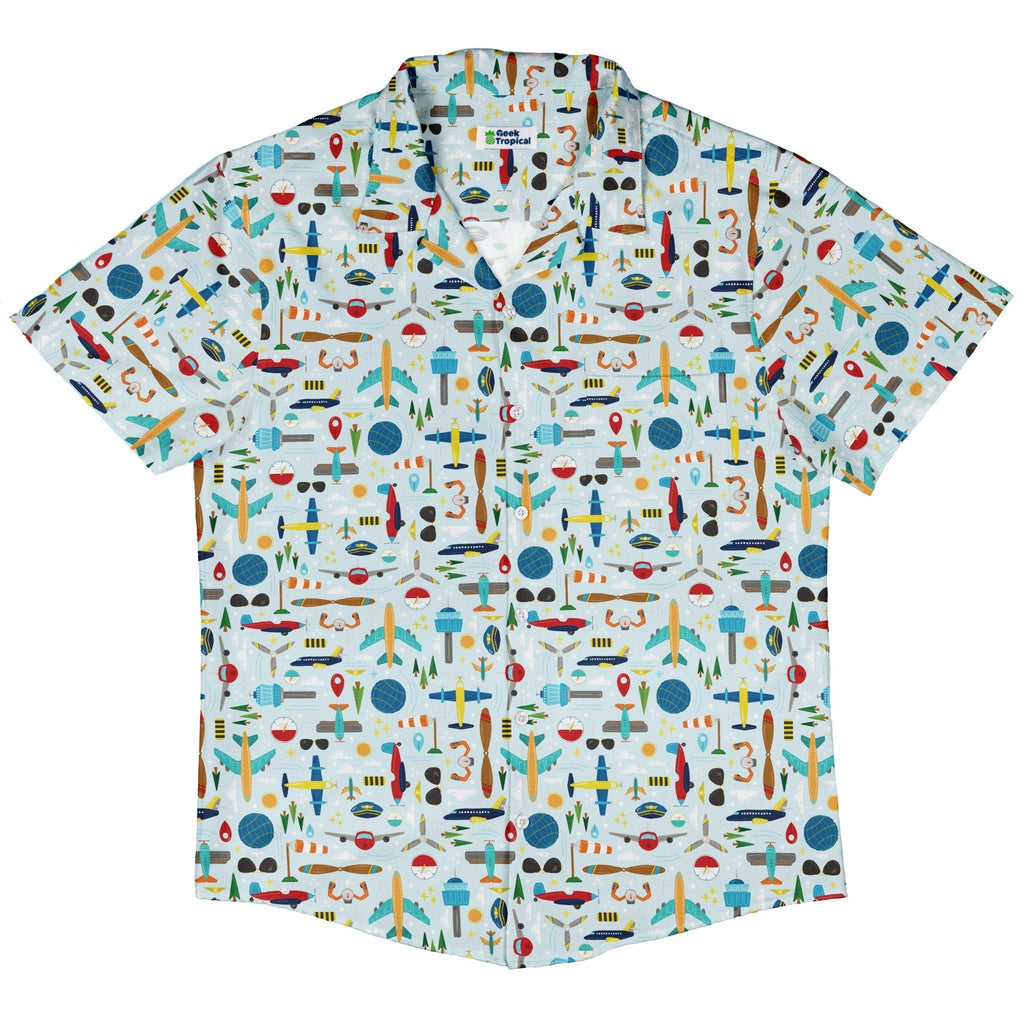 Aviation Adventure Button Up Shirt Geek Nerd adult sizing aviation print Design by Zirkus Design