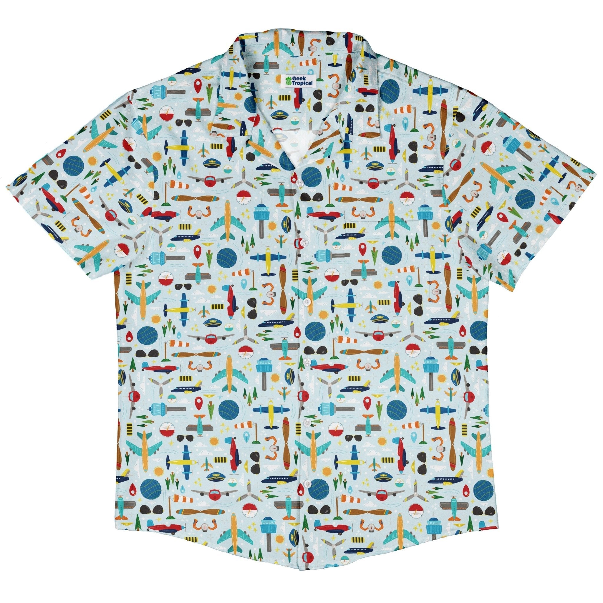 Aviation Adventure Button Up Shirt Geek Nerd adult sizing aviation print Design by Zirkus Design