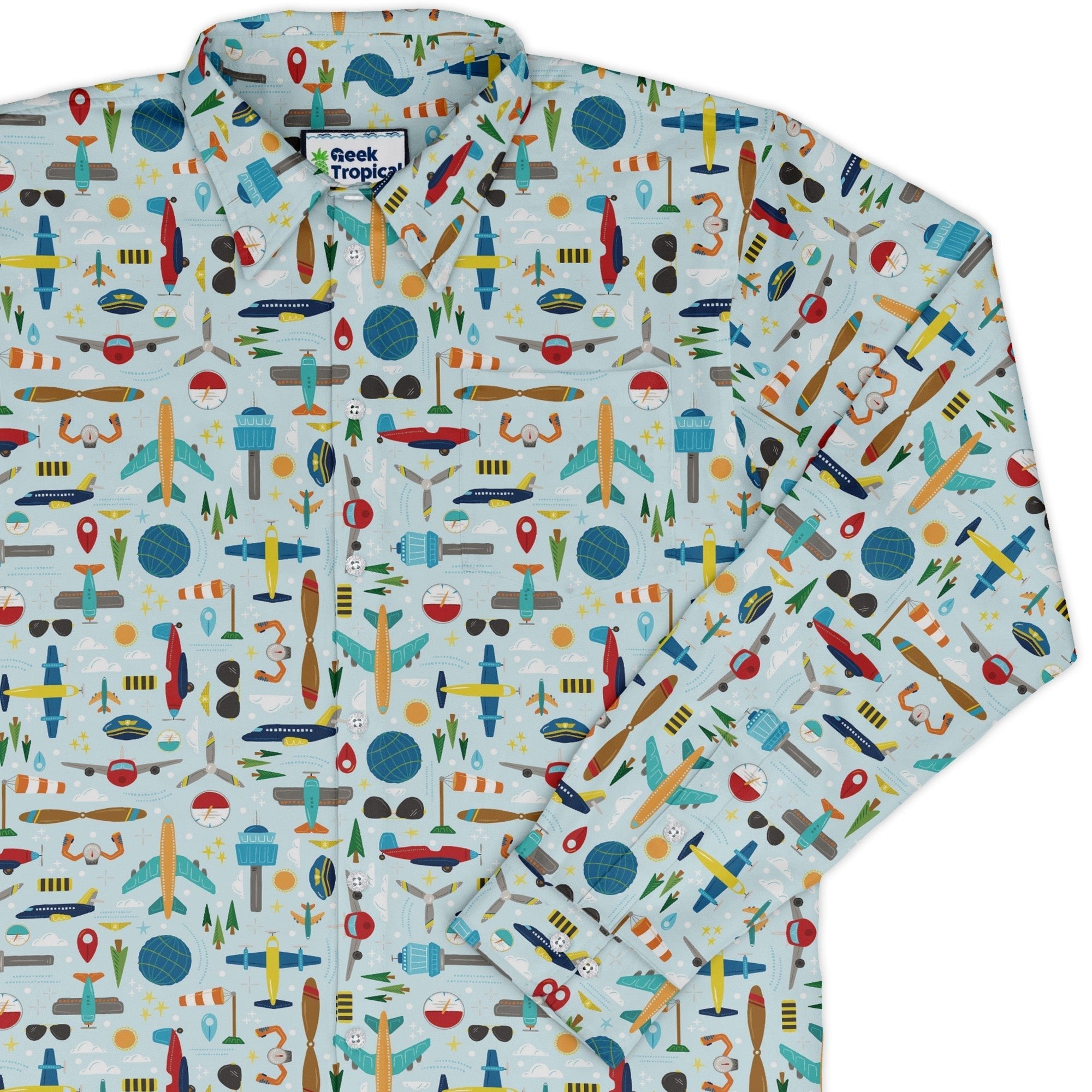 Aviation Adventure Long Sleeve Button Up Shirt Geek Nerd adult sizing aviation print Design by Zirkus Design