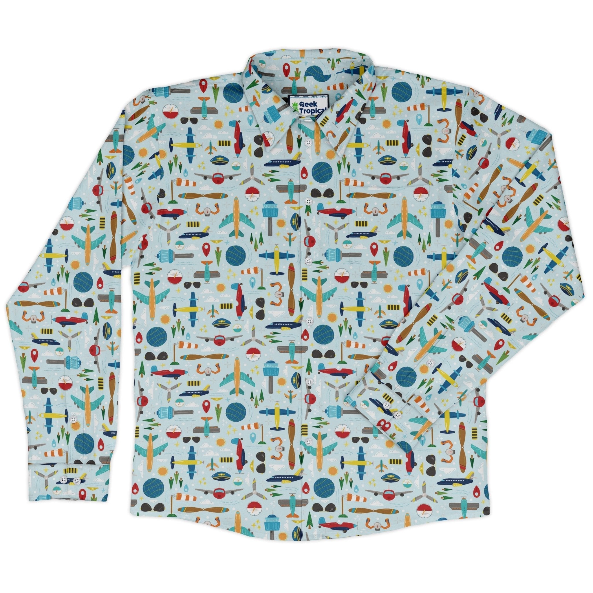 Aviation Adventure Long Sleeve Button Up Shirt Geek Nerd adult sizing aviation print Design by Zirkus Design