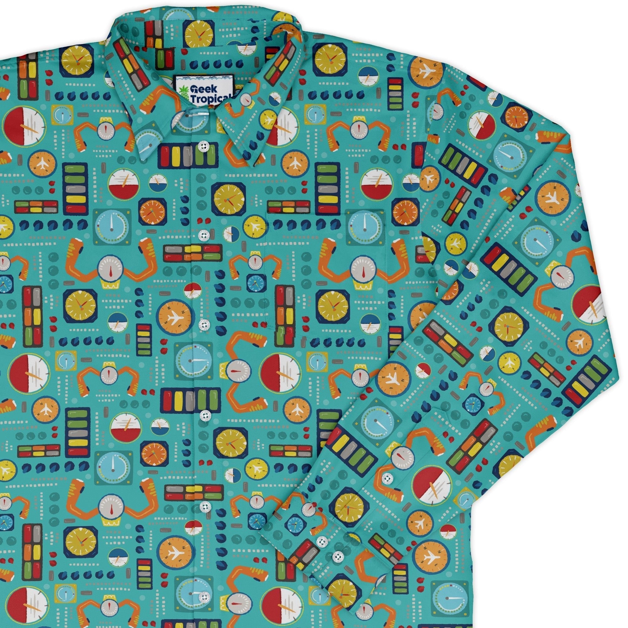 Aviation Adventure instrument Long Sleeve Button Up Shirt Geek Nerd adult sizing aviation print Design by Zirkus Design