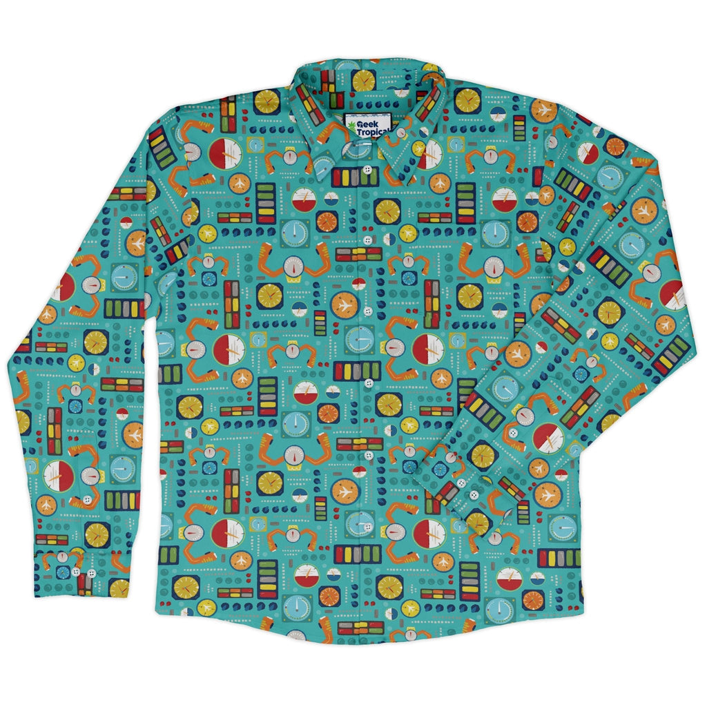 Aviation Adventure instrument Long Sleeve Button Up Shirt Geek Nerd adult sizing aviation print Design by Zirkus Design