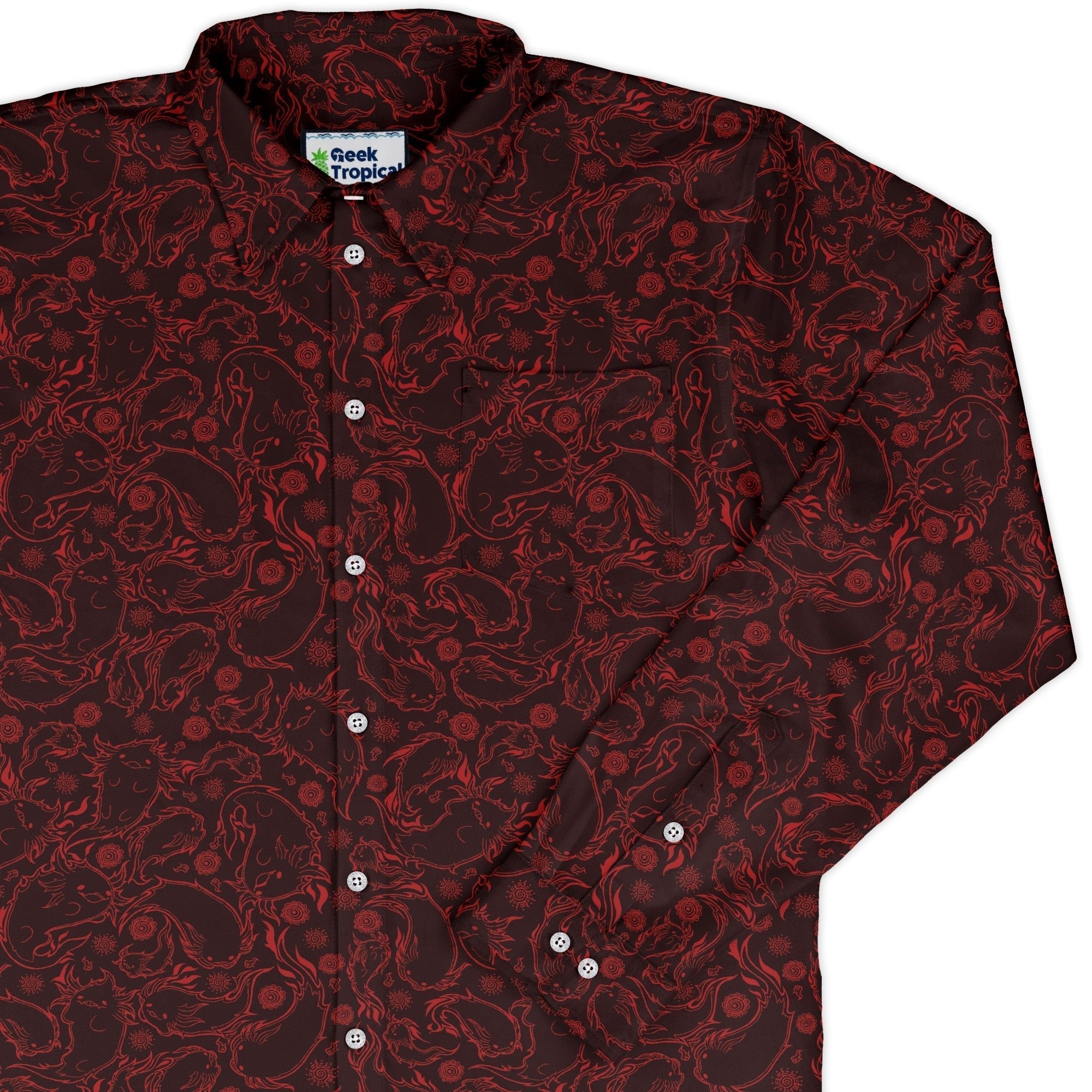 Axolotl Firebending Salamanders Long Sleeve Button Up Shirt Geek Nerd adult sizing Anime Design by Ardi Tong