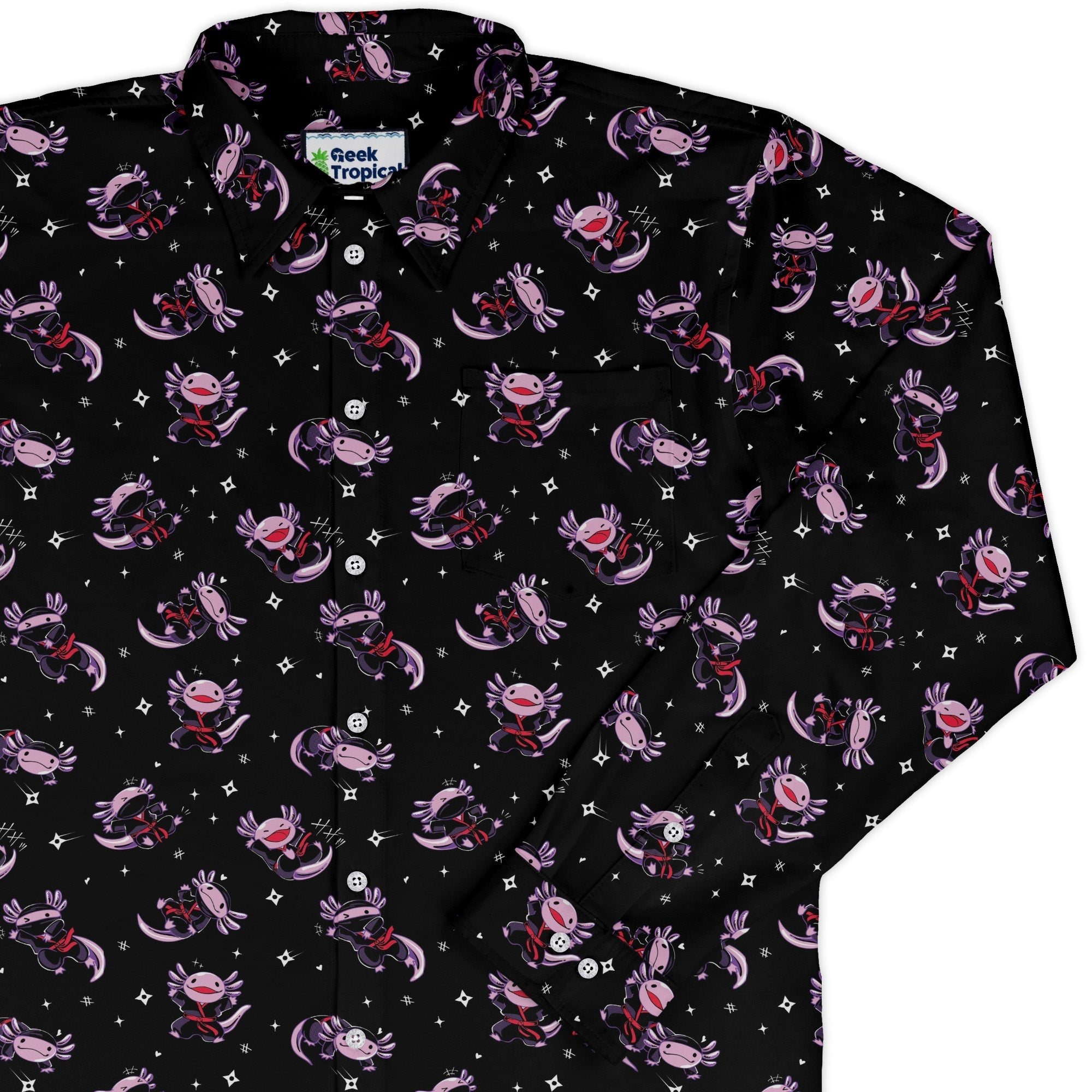 Axolotl Ninjas Long Sleeve Button Up Shirt Geek Nerd 0925 adult sizing All Adult Button Up Shirts