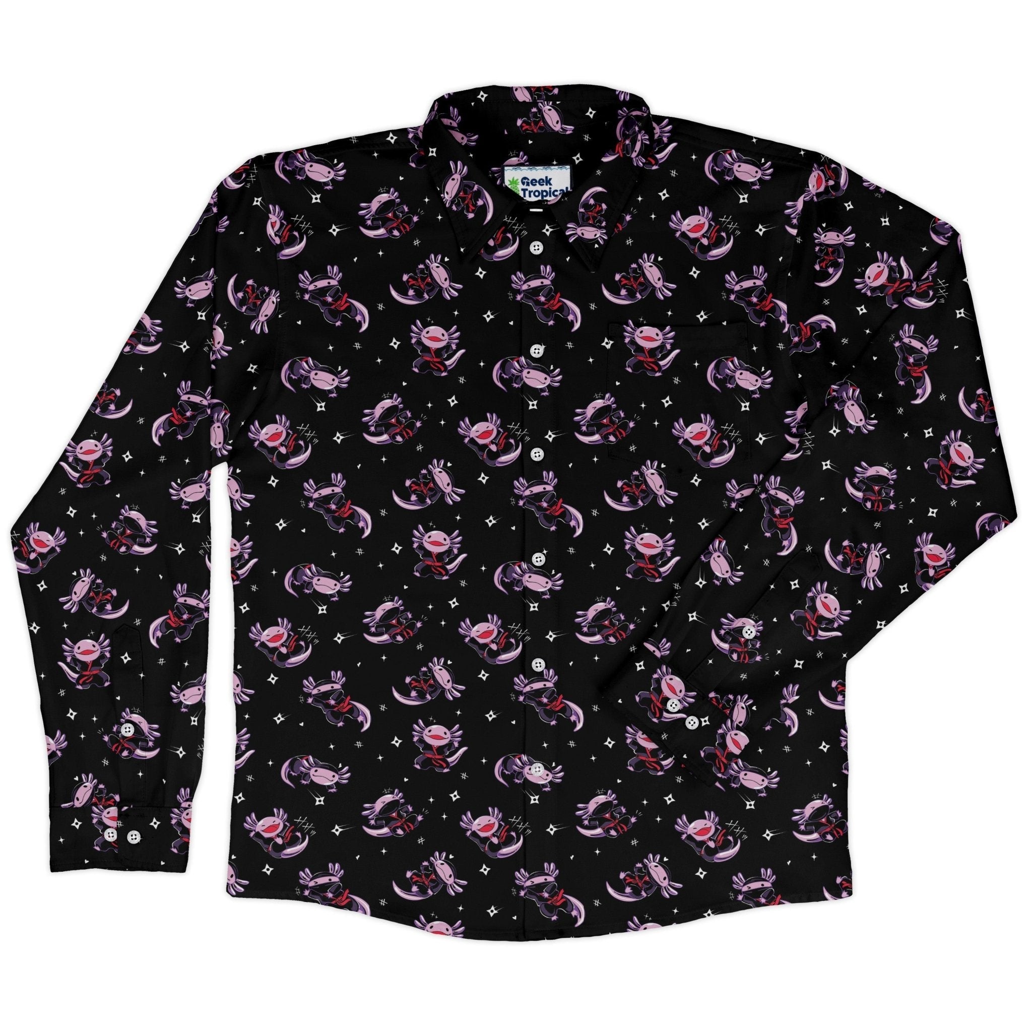 Axolotl Ninjas Long Sleeve Button Up Shirt Geek Nerd 0925 adult sizing All Adult Button Up Shirts
