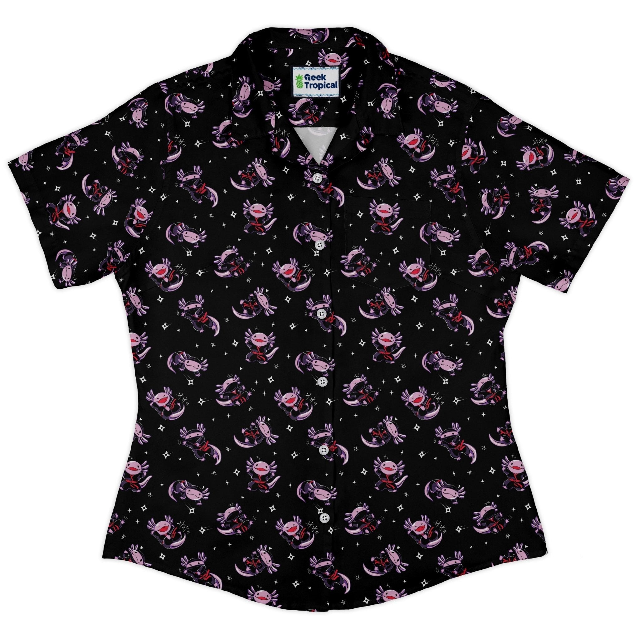 Axolotl Ninjas Curvy Button Up Shirt Geek Nerd 0925 All Adult Button Up Shirts Animal Patterns