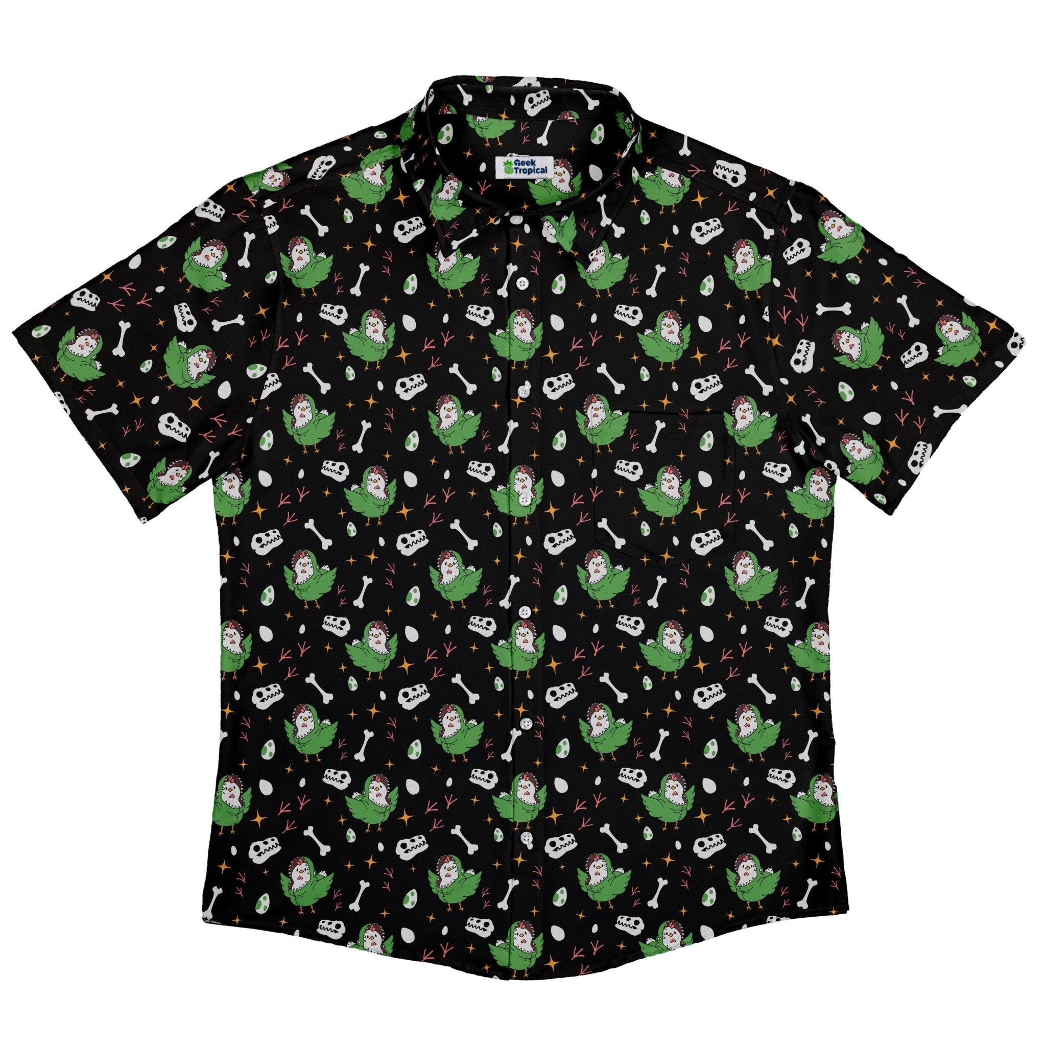 Chickenossauro Rex Button Up Shirt Geek Nerd adult sizing Design by Tobe Fonseca dinosaur print