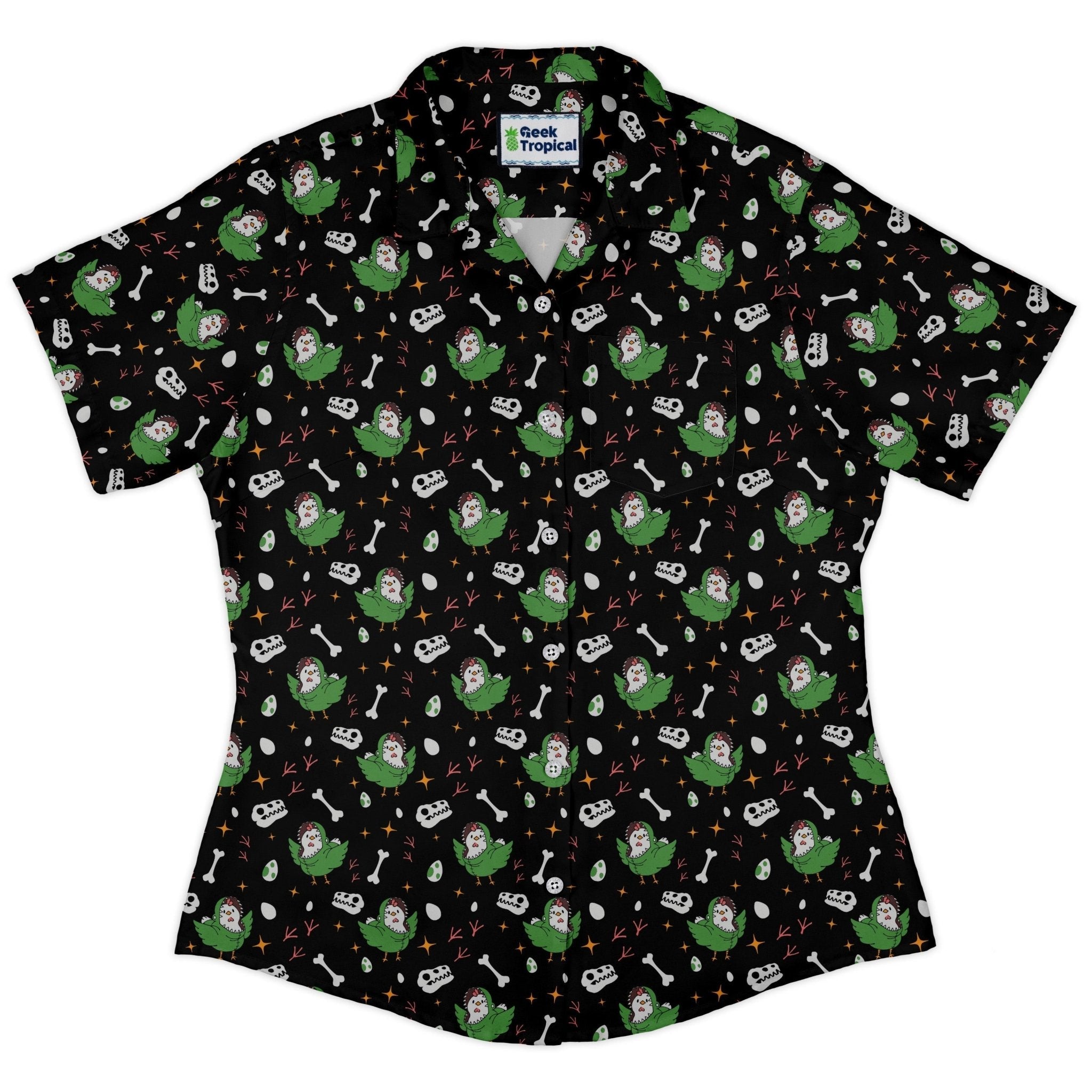 Chickenossauro Rex Curvy Button Up Shirt Geek Nerd Design by Tobe Fonseca dinosaur print q225