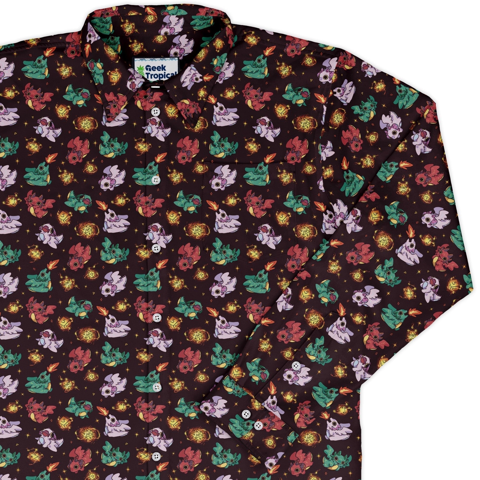 Baby Dragon Familiars Long Sleeve Button Up Shirt Geek Nerd adult sizing Design by Ardi Tong dnd & rpg print