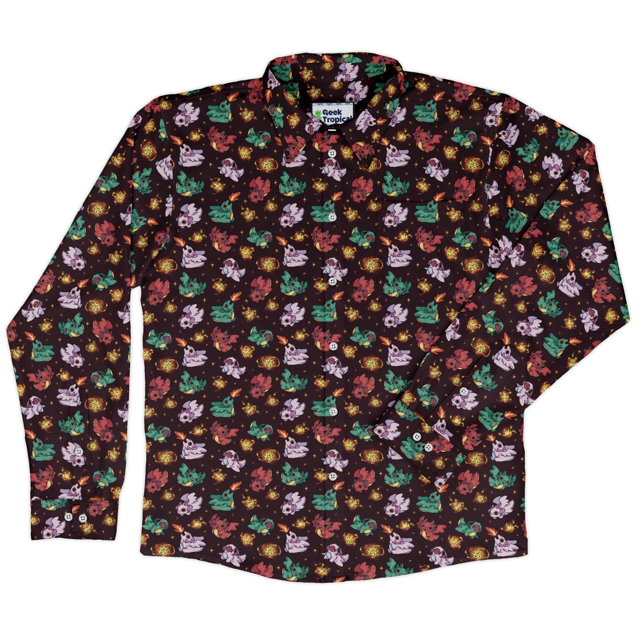 Baby Dragon Familiars Long Sleeve Button Up Shirt Geek Nerd adult sizing Design by Ardi Tong dnd & rpg print