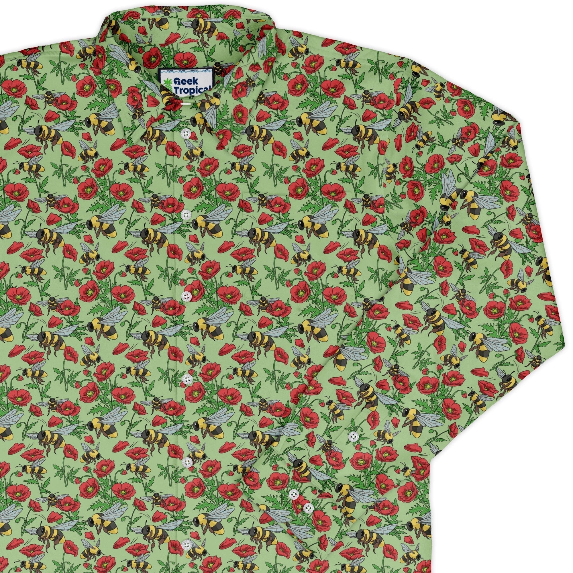 Bee - autiful Garden Long Sleeve Button Up Shirt Geek Nerd adult sizing botany print Design by Julie Kitzes
