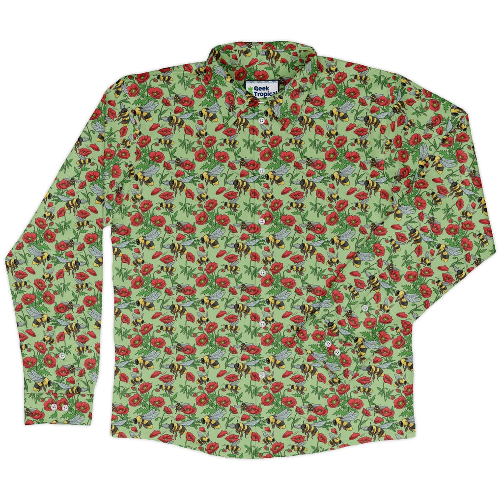 Bee - autiful Garden Long Sleeve Button Up Shirt Geek Nerd adult sizing botany print Design by Julie Kitzes