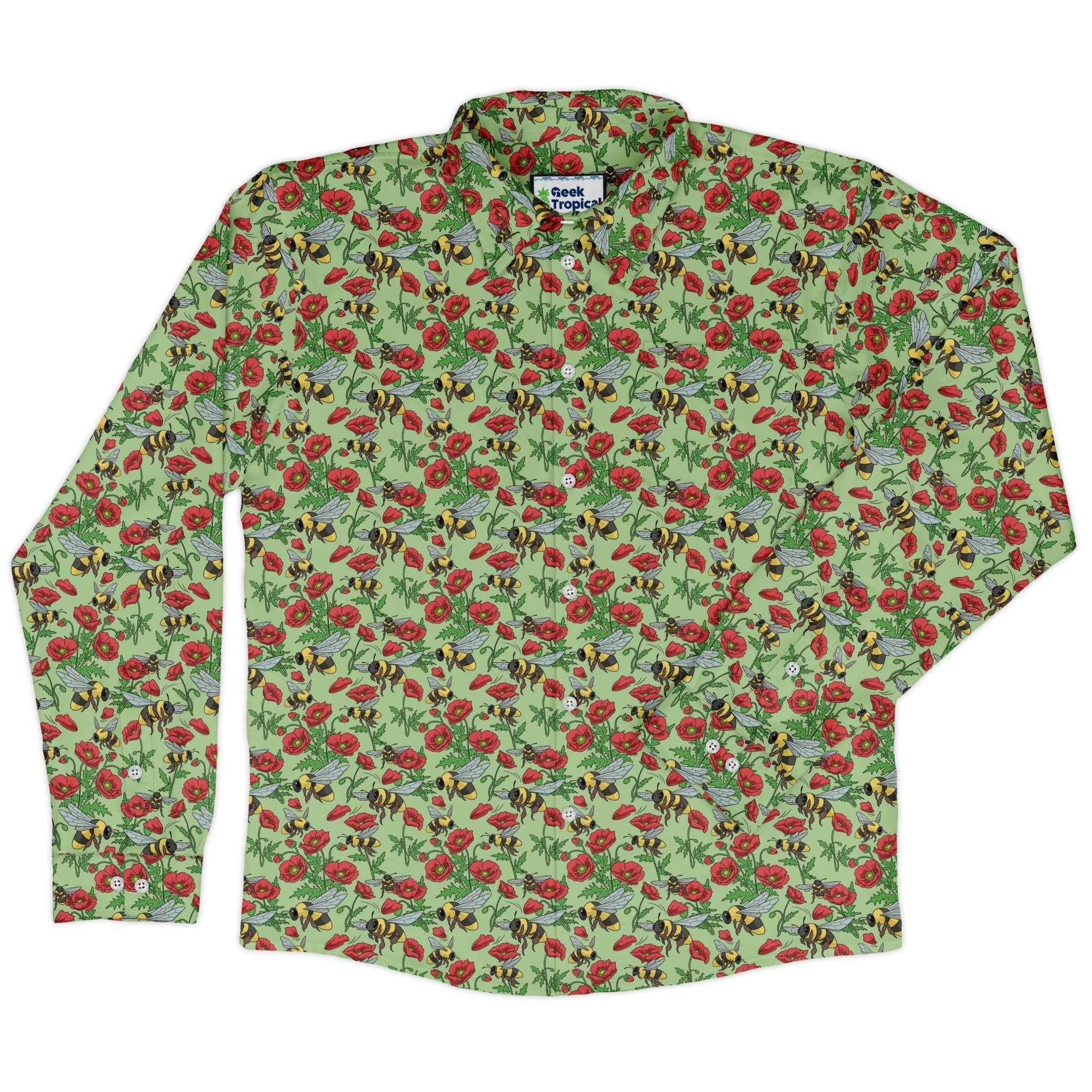 Bee - autiful Garden Long Sleeve Button Up Shirt Geek Nerd adult sizing botany print Design by Julie Kitzes
