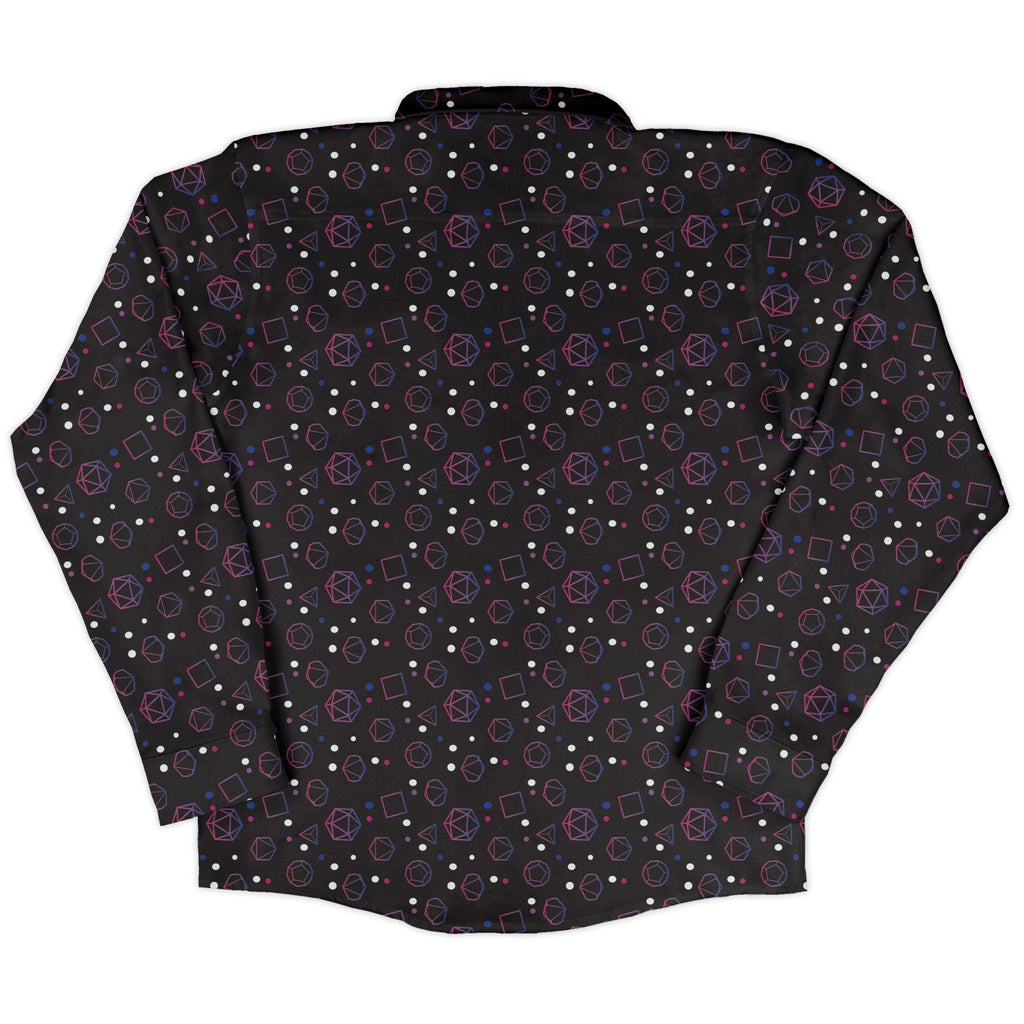 Bisexual Pride Flag Dnd Dice Long Sleeve Button Up Shirt Geek Nerd adult sizing Design by Heather Davenport dnd & rpg print