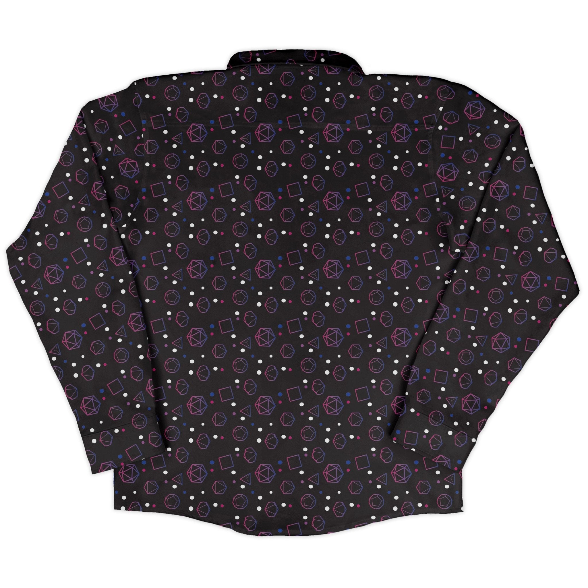 Bisexual Pride Flag Dnd Dice Long Sleeve Button Up Shirt Geek Nerd adult sizing Design by Heather Davenport dnd & rpg print