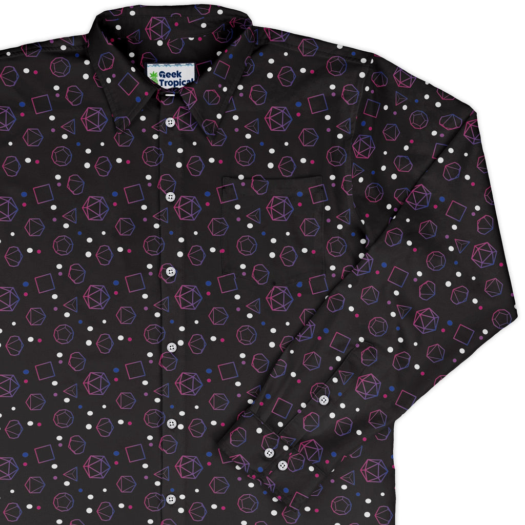 Bisexual Pride Flag Dnd Dice Long Sleeve Button Up Shirt Geek Nerd adult sizing Design by Heather Davenport dnd & rpg print