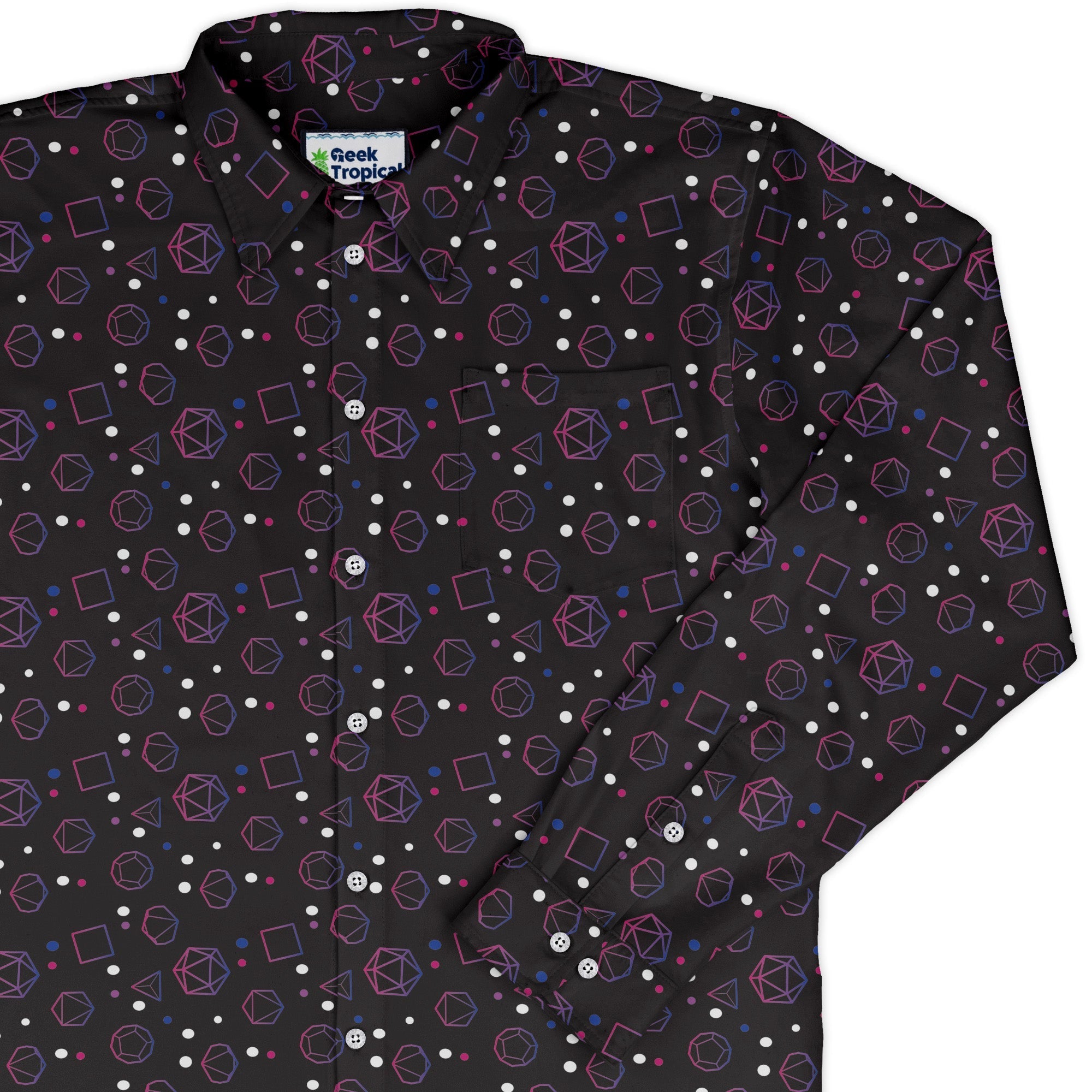 Bisexual Pride Flag Dnd Dice Long Sleeve Button Up Shirt Geek Nerd adult sizing Design by Heather Davenport dnd & rpg print