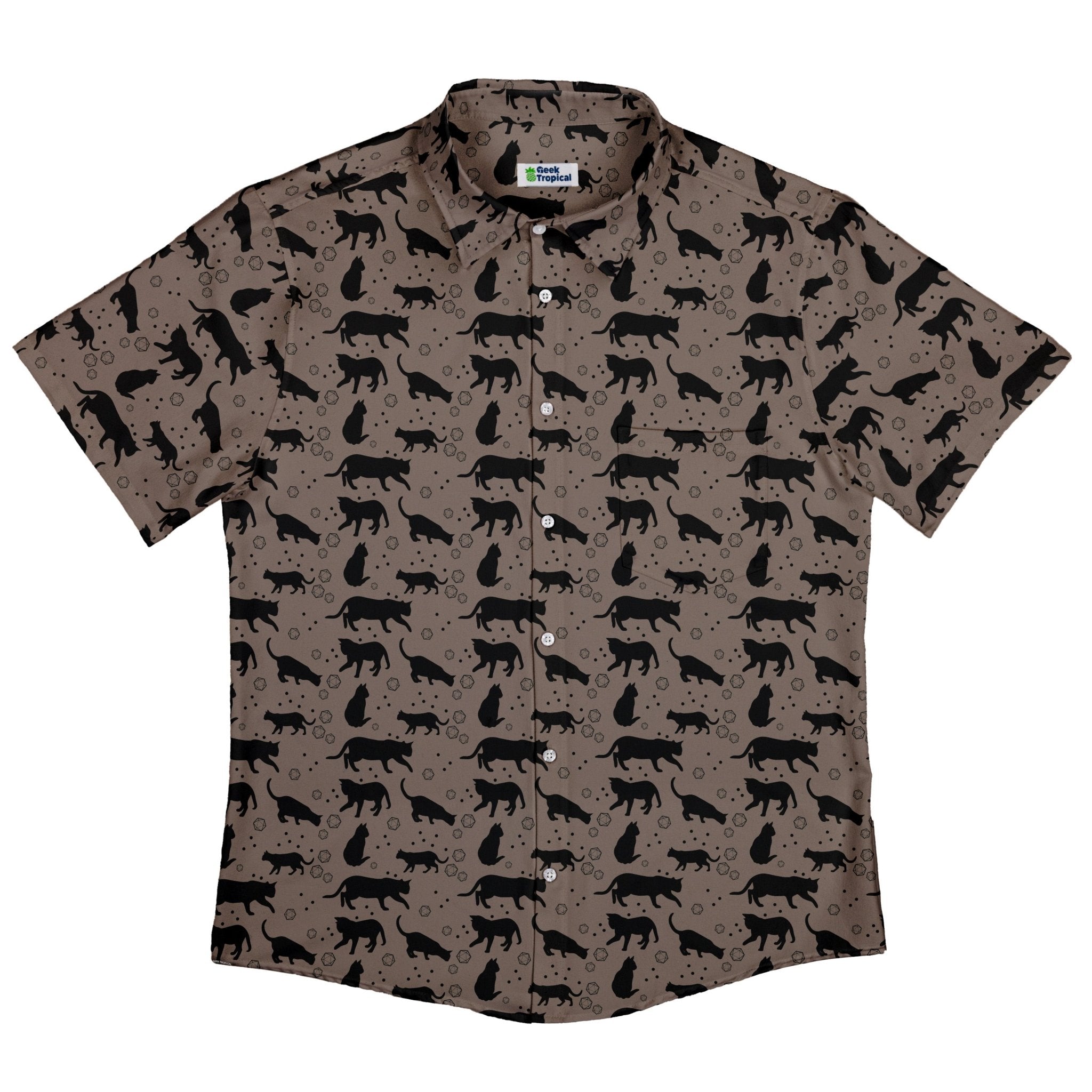 Dnd Dice Black Cats Button Up Shirt Geek Nerd adult sizing Animal Patterns Design by Heather Davenport