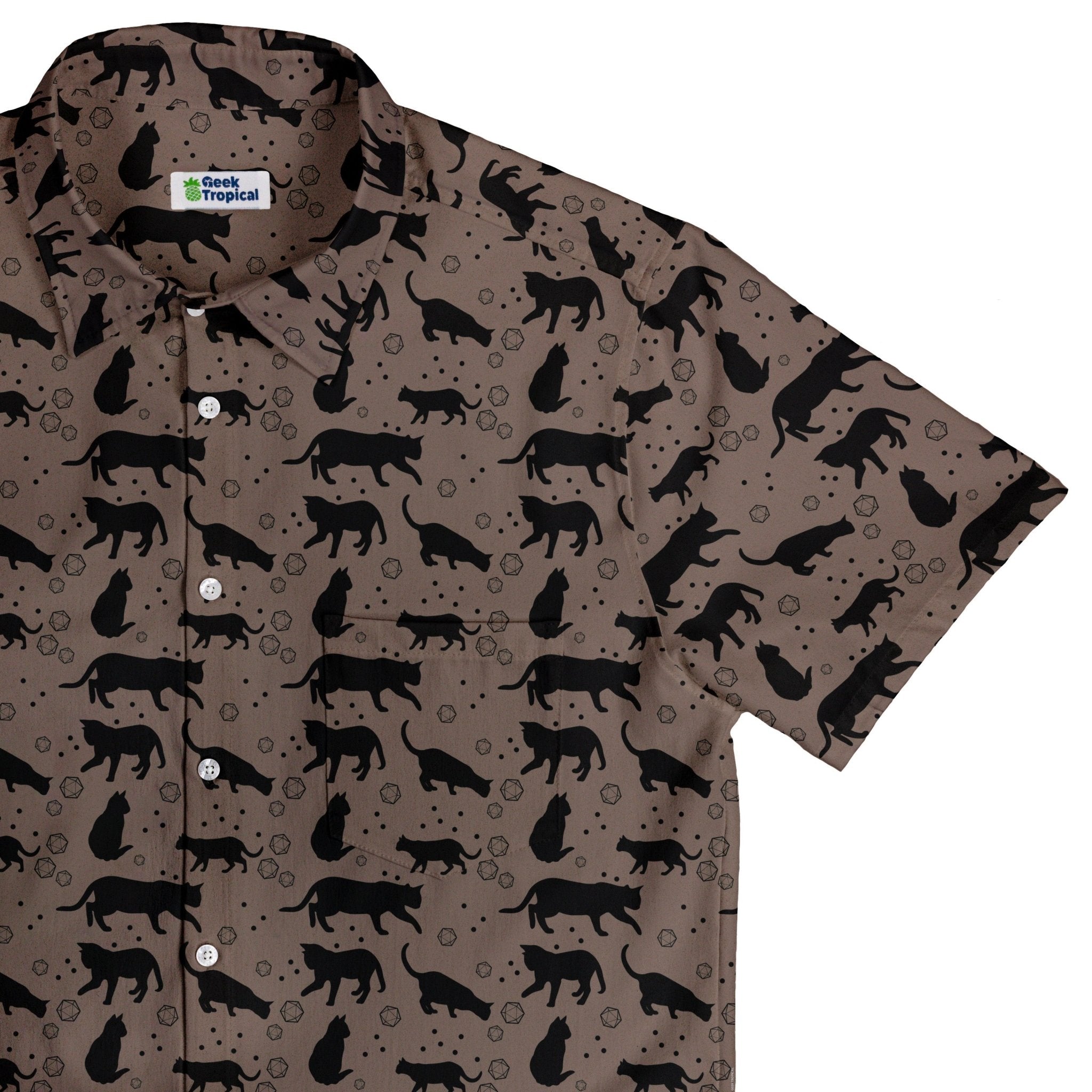 Dnd Dice Black Cats Button Up Shirt Geek Nerd adult sizing Animal Patterns Design by Heather Davenport