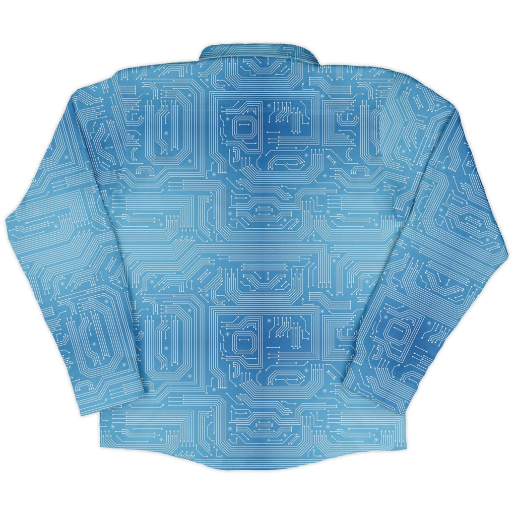Blue Computer Circuit Board Long Sleeve Button Up Shirt Geek Nerd adult sizing computer print FLOW DESC WRITING