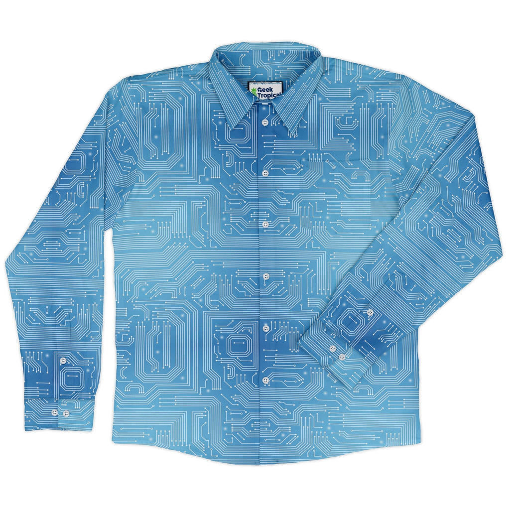 Blue Computer Circuit Board Long Sleeve Button Up Shirt Geek Nerd adult sizing computer print FLOW DESC WRITING
