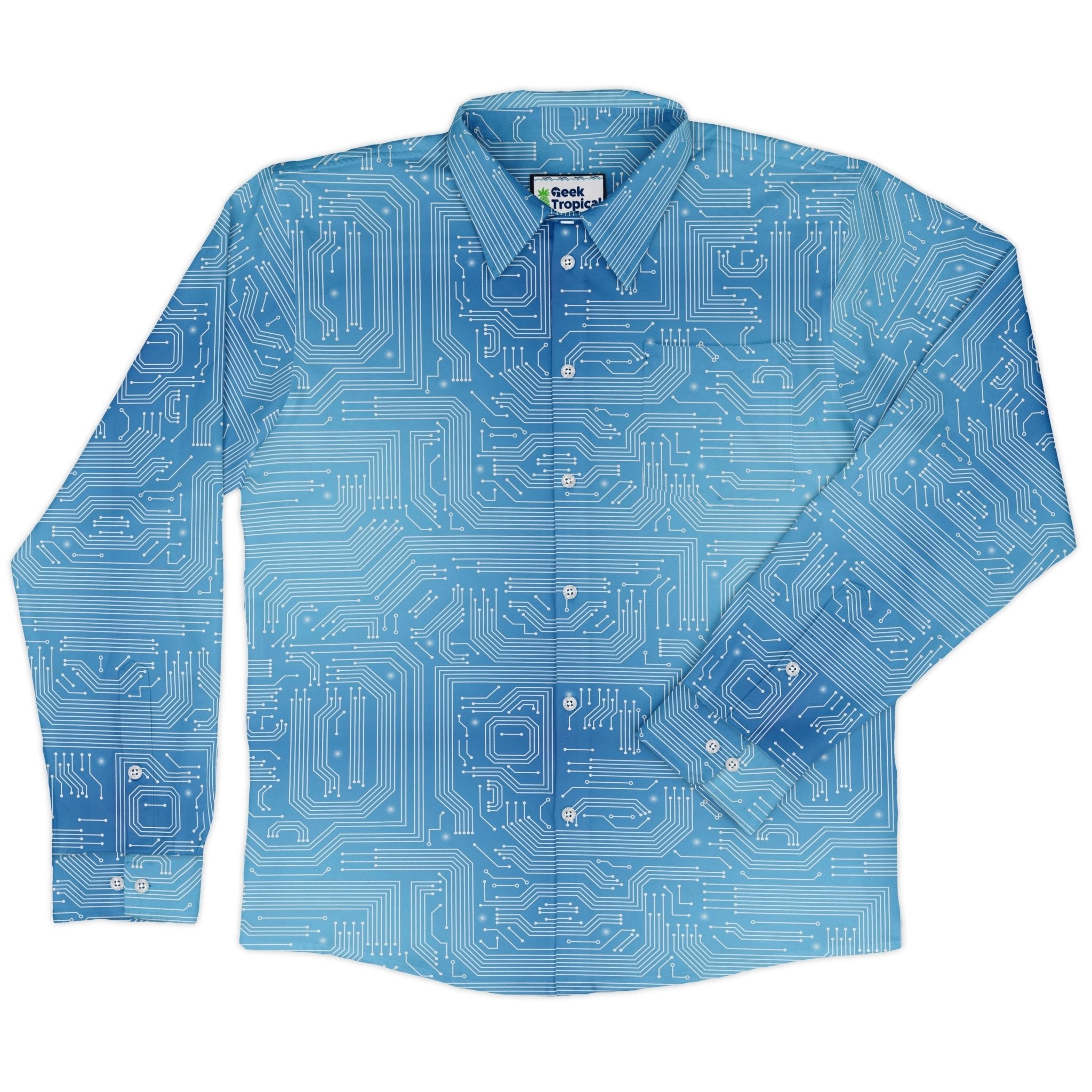 Blue Computer Circuit Board Long Sleeve Button Up Shirt Geek Nerd adult sizing computer print FLOW DESC WRITING